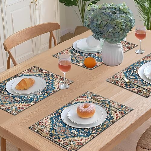 Miniatura 3 de Juego de 4 manteles individuales bohemios coloridos para interiores, de lino étnico azul y rojo, lavables, resistentes al calor, para mesas de