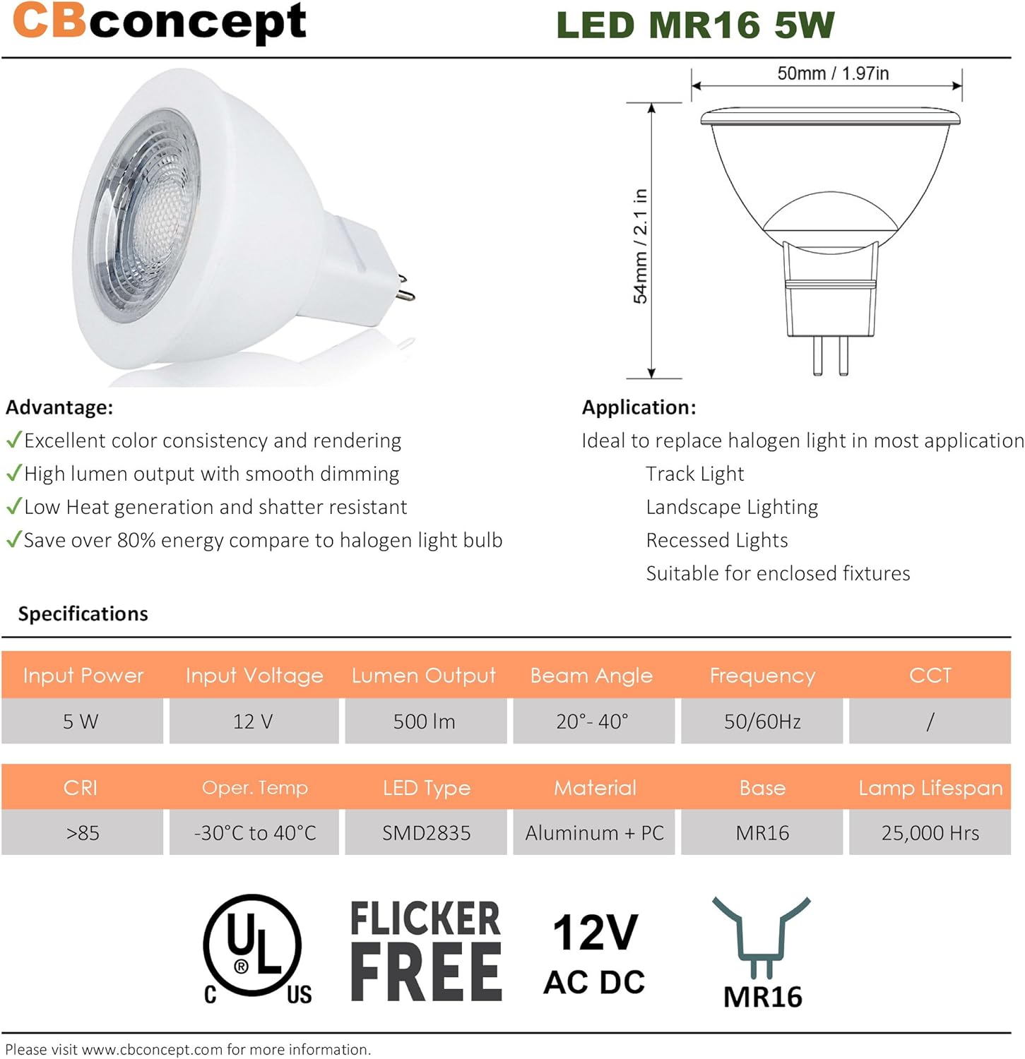 CBconcept UL MR16 LED Light Bulbs Parents (Red, 2-Pack)
