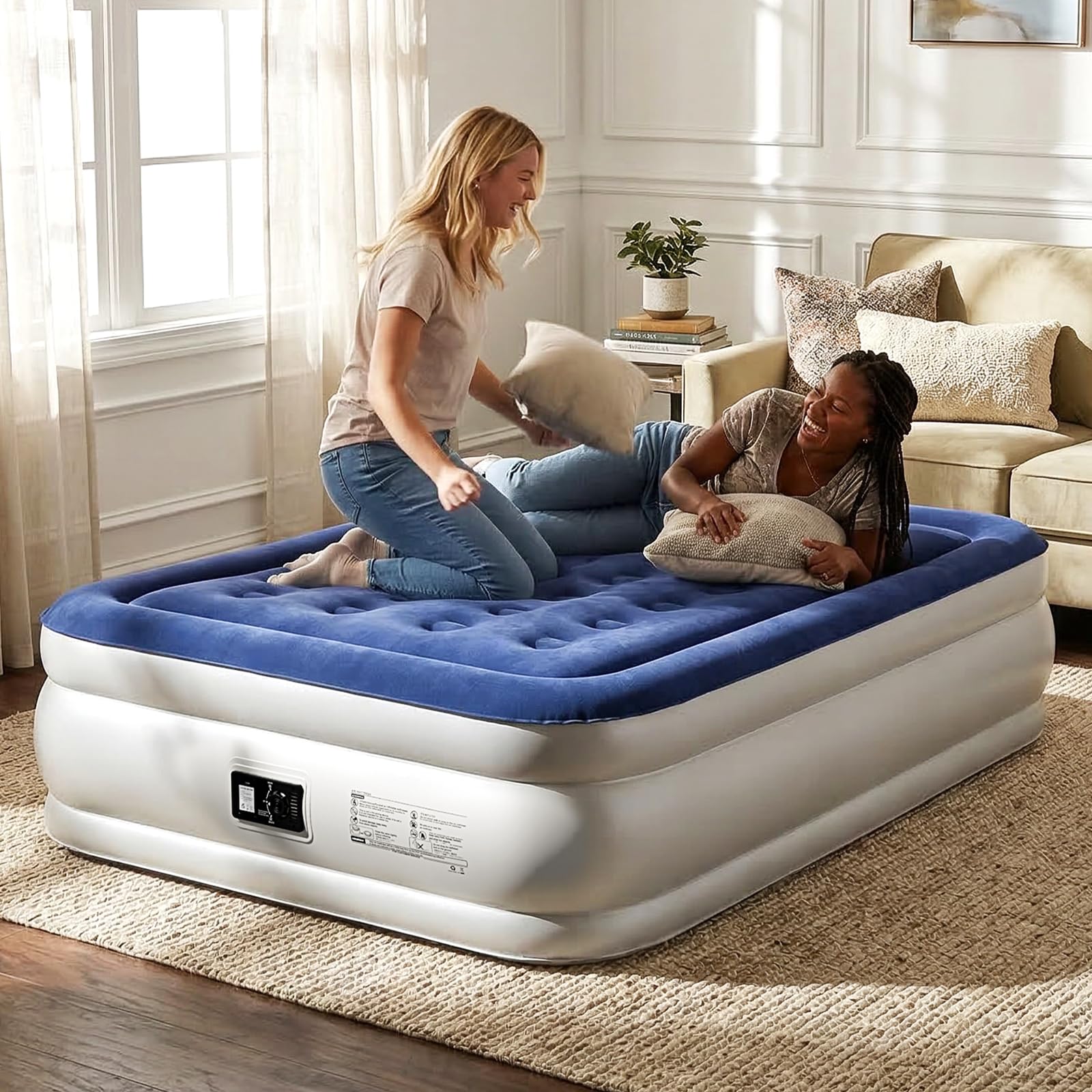 Bonnlo Double AirBed, Inflatable Mattress with Built-in Electric Pump, Air Mattress Self Inflating,190x137x46cm Flocked Surface, 200kg Capacity for Outdoor Camping & Guest Use (Blue/White)