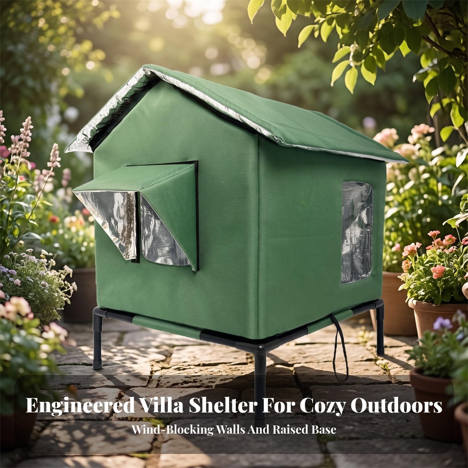 MERIGLARE Niche pour Chat Sécurisé, Noir, L-45 40 55cm | Revêtement Imperméable En PVC, Maisonnette pour Chat Surélevée, Jardin, Terrasse, Chats