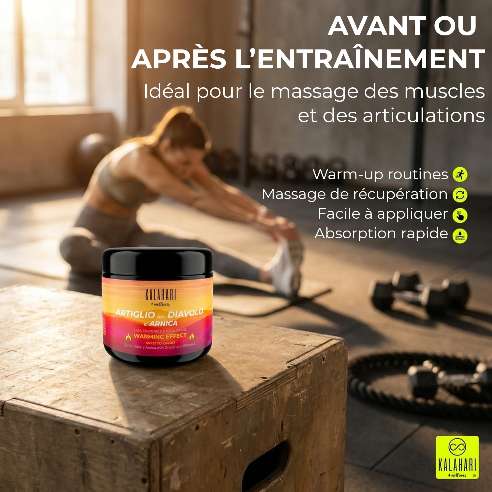 KALAHARI Kit Chaud + Froid, Gel à l’Arnica 98% + Griffe du Diable, Pré et Post entraînement, Action intense pour Massage Muscles, Articulations, Contractures, Mobilité – Extra fort, Fabriqué en Italie