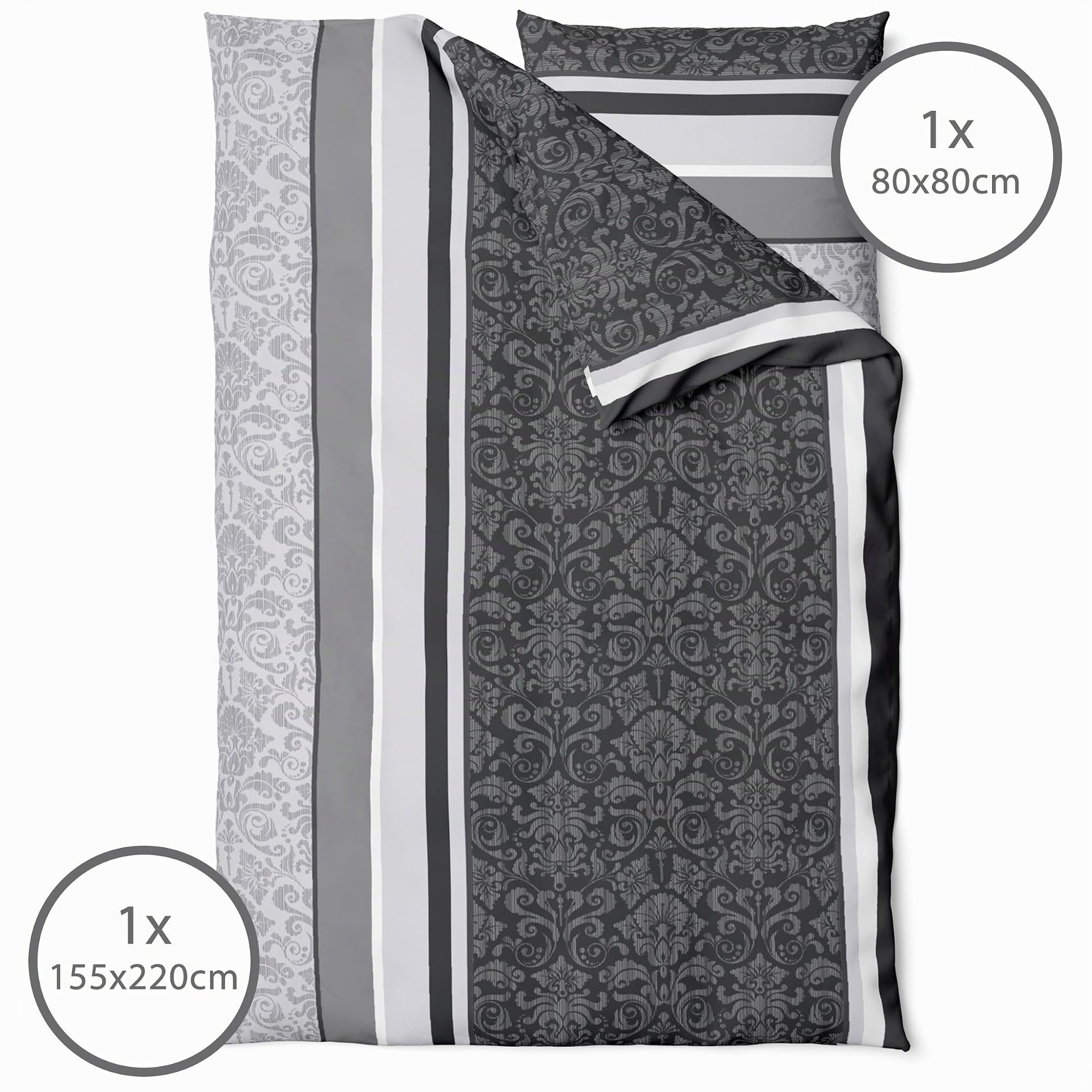 LINKHOFF Flanell Biber Bettwäsche 155x220 Baumwolle 2tlg | Bettwäsche-Set in Grau Anthrazit Paisley Muster | Flauschige Winter-Bettwäsche | 1x Bettbezug + 1x Kissenbezug 80x80