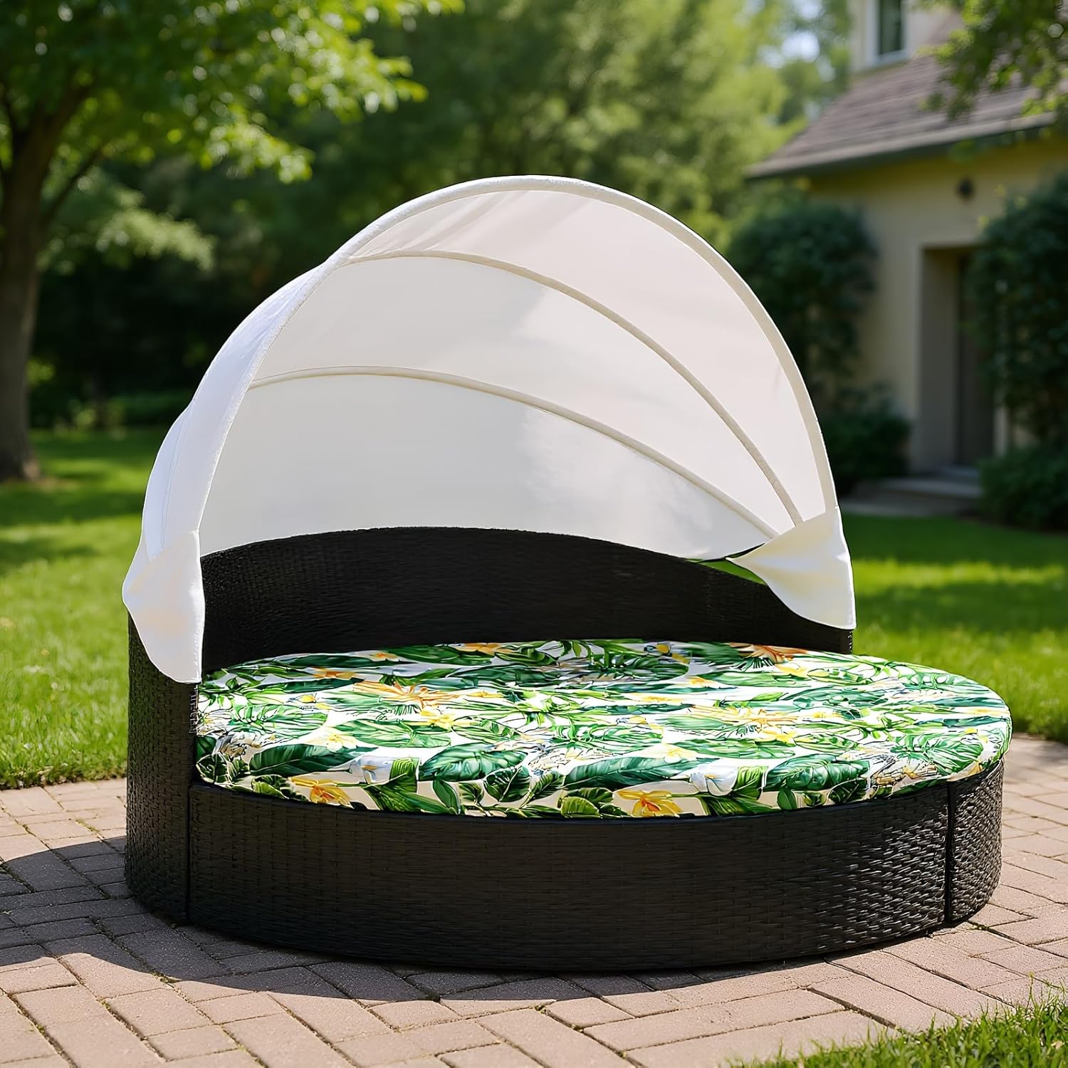 TOPCHANCES Outdoor Round Daybed Cushion Cover Replacement, 66-Inch Heavy-Duty Patio Cover Garden Furniture Cover Sun Bed Mattress Cover for Garden, Backyard, Lawn, Porch (ONLY 1PCS Cushion Cover)