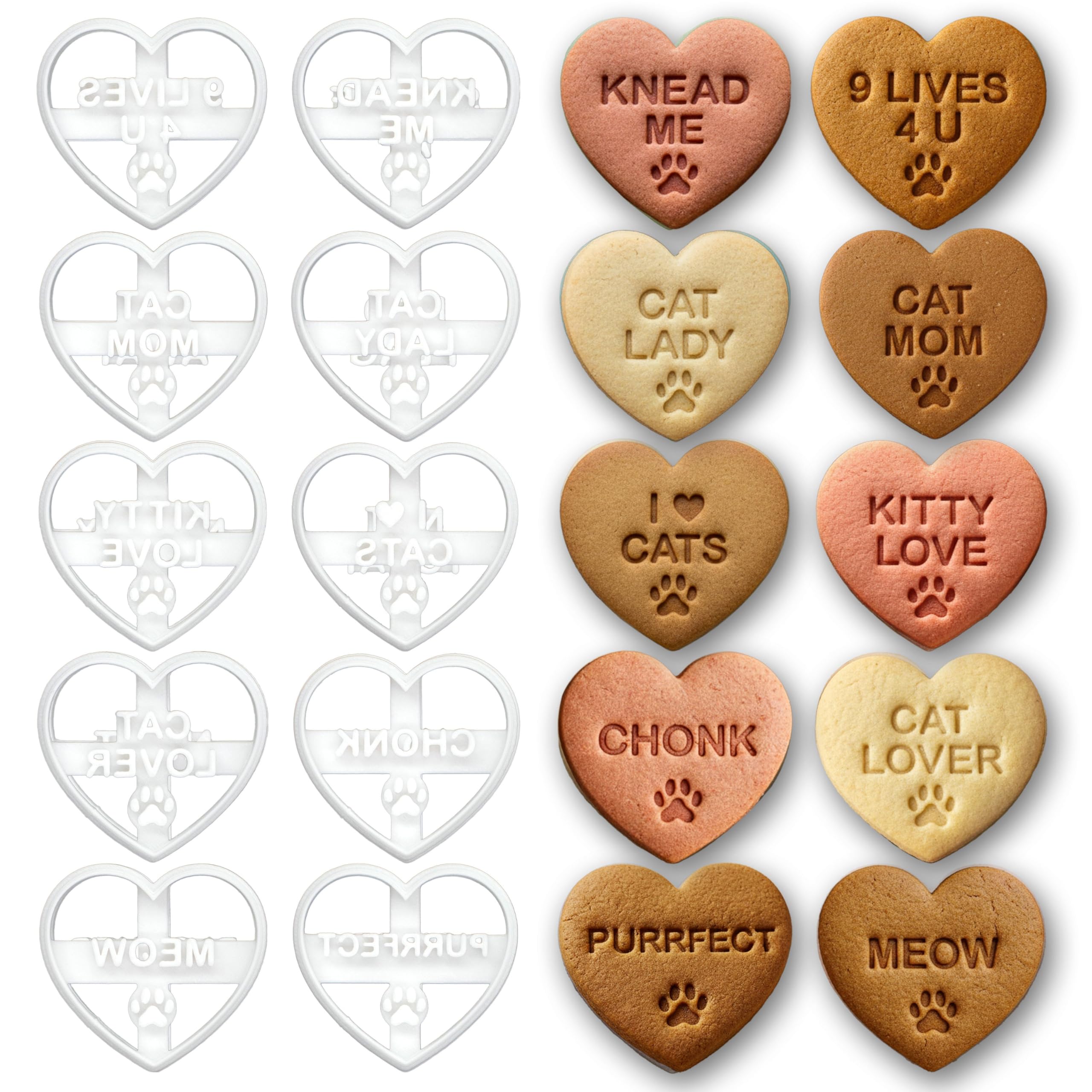 BAKERLOGY Lot de 10 emporte-pièces cœur message pour amoureux des chats – Emporte-pièces en forme de cœur pour mamans de chats & fans de kitty, fondant & décor, biscuits de fête