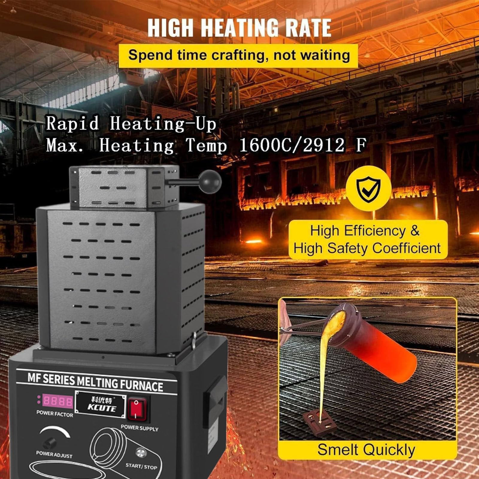 Four Fusion d'or 5000 W, Machine De Fusion De Métaux Numérique Améliorée 1600 ℃ / 2912 ℉ avec Creuset en Graphite De 1/2/3 Kg, Fusion pour l'or, l'argent, L'Aluminium Et Le Cuivre,black-3kg