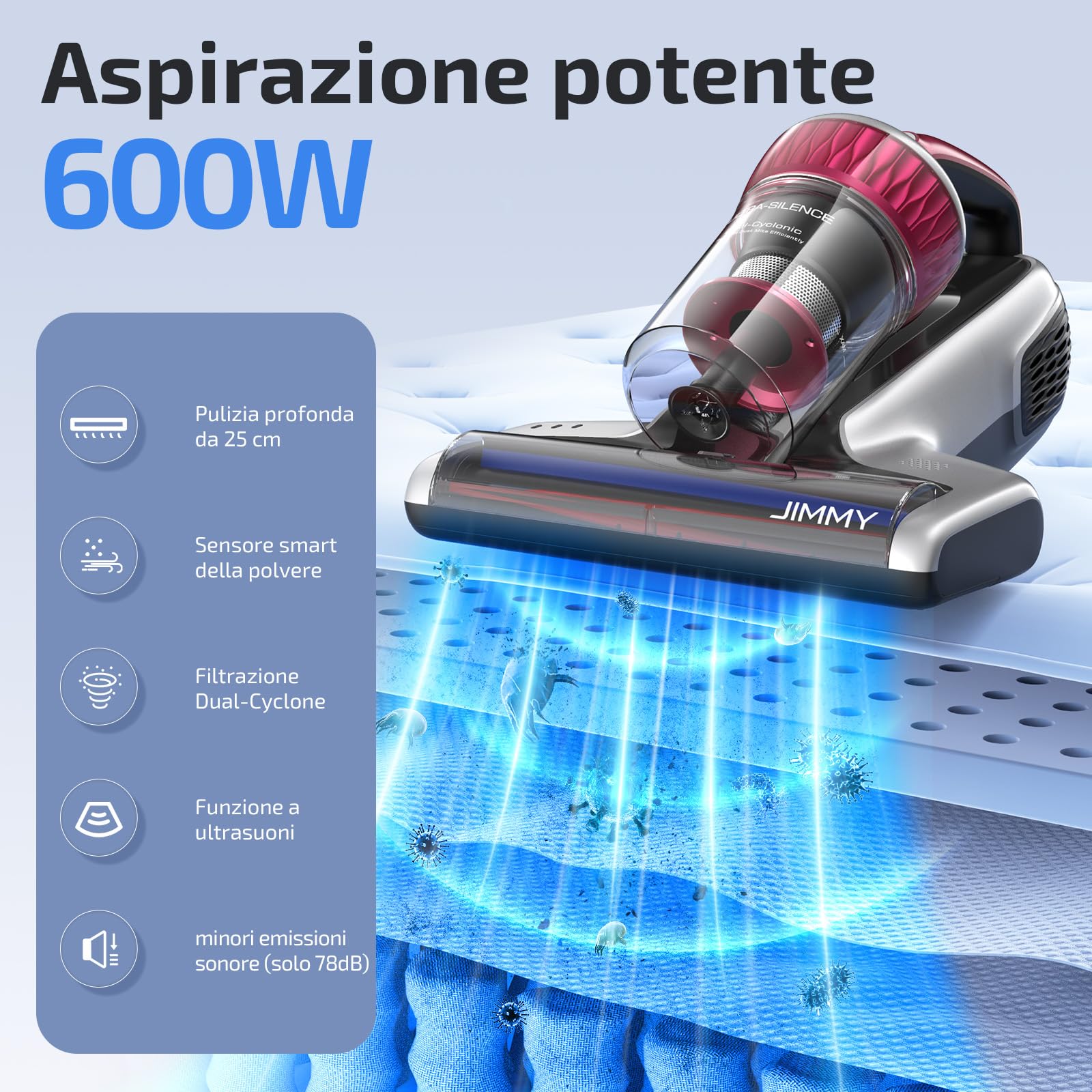 Jimmy WB73 Aspiratore Battimaterasso Antiacaro, Potenza 600W,Aspirapolvere Materassi con Sterilizzazione UV, Sensore per Acari Della Polvere, Filtro HEPA, Sistema di Filtrazione Dual-Cyclonic
