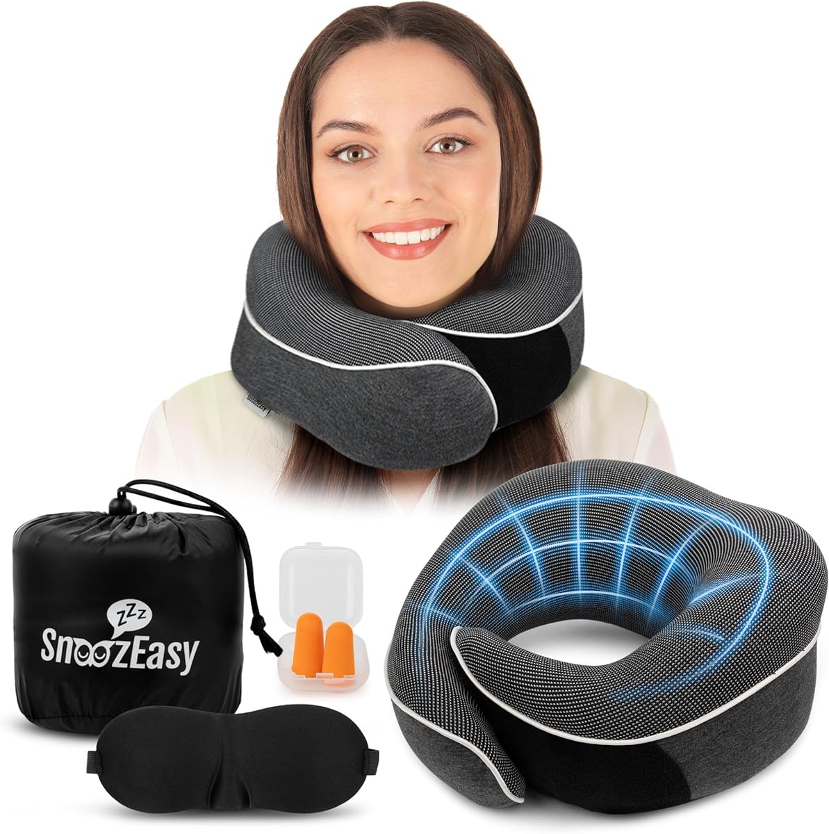SnoozEasy™ Travel Pillow for Adults | Memory Foam 360 Degree Neck Support with Removable Pillow Case | Includes Travel Bag, Eye Mask and Ear Plugs | Dark Grey | UK Brand