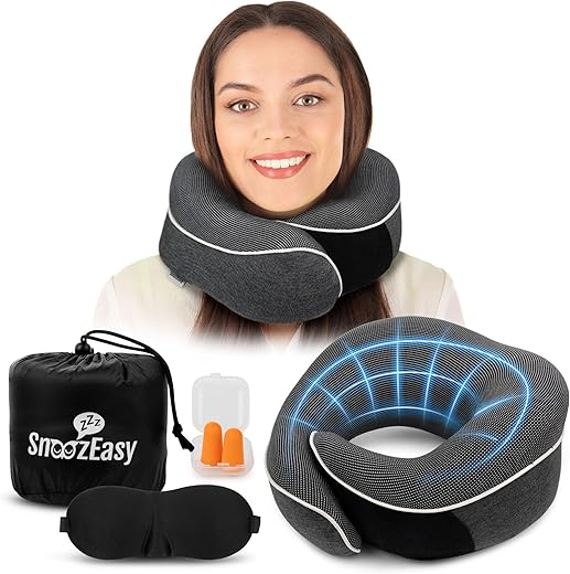 SnoozEasy™ Travel Pillow for Adults | Memory Foam 360 Degree Neck Support with Removable Pillow Case | Includes Travel Bag, Eye Mask and Ear Plugs | Dark Grey | UK Brand