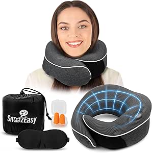 SnoozEasy™ Travel Pillow for Adults | Memory Foam 360 Degree Neck Support with Removable Pillow Case | Includes Travel Bag, Eye Mask and Ear Plugs | Dark Grey | UK Brand