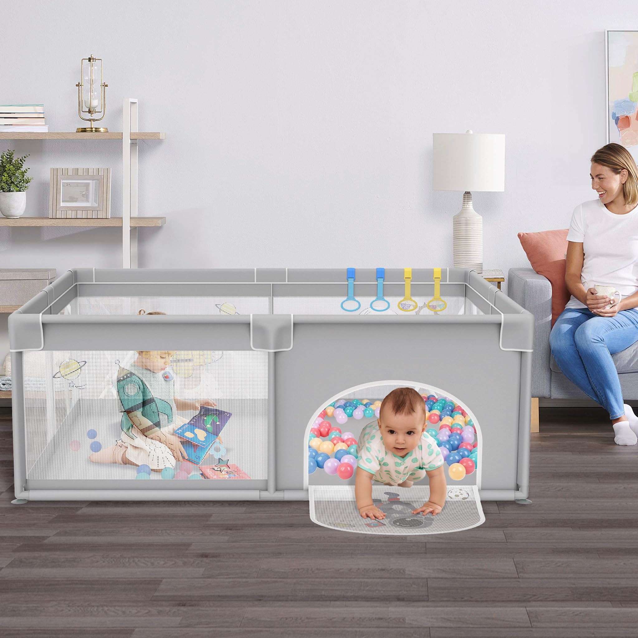 XMTECH Kojec dla niemowląt, przenośny, z 50 piłkami do zabawy, 150 cm x 180 cm x 68 cm, kratka ochronna z oddychającą siatką i zamkiem błyskawicznym i 4 pierścieniami do ciągnięcia (szary z motywami
