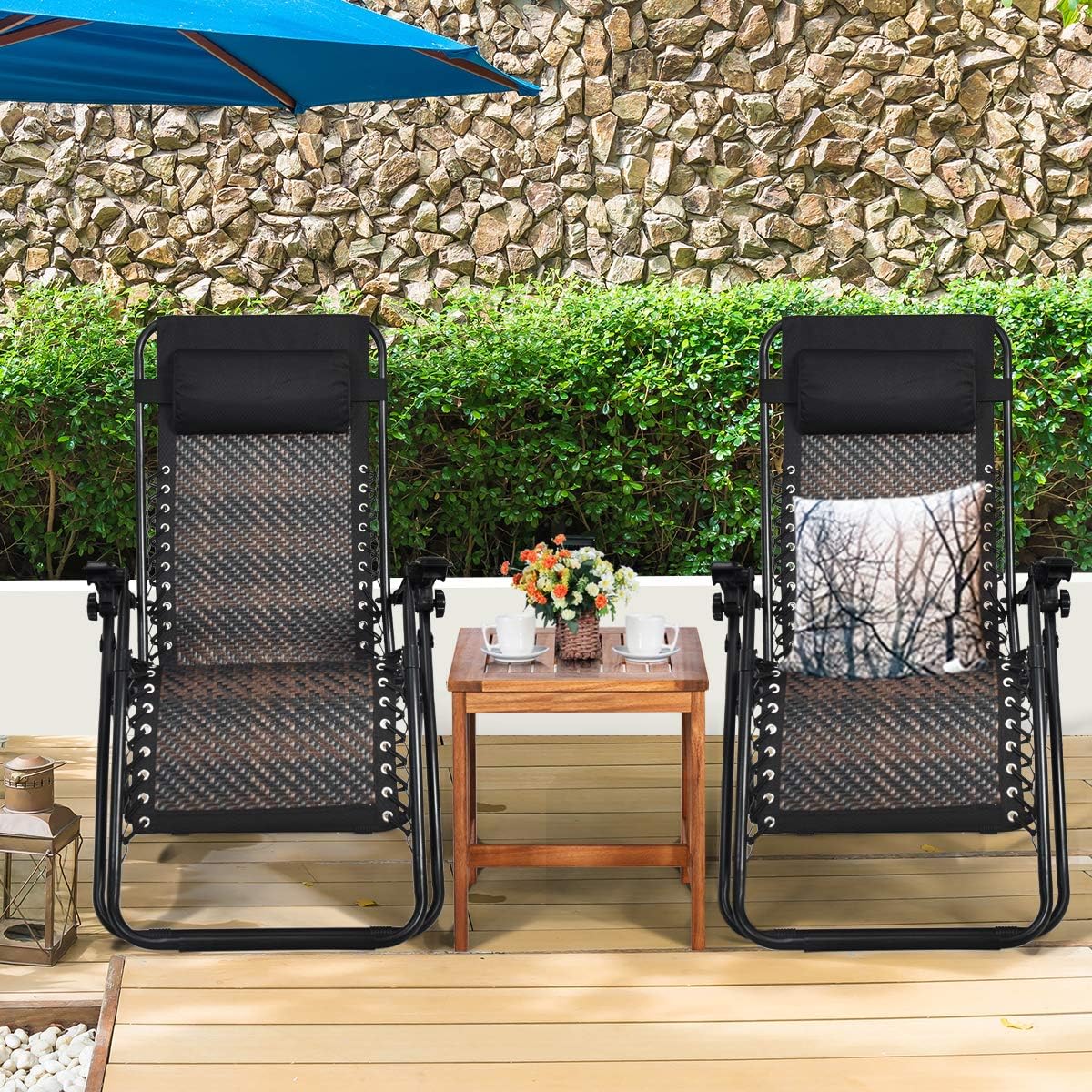 COSTWAY 2PCS Zero Gravity Lounge Chairs, Patio Rattan Recliner with Pillow, Lockable, Foldable & Lightweight, Suitable for Outdoor Use (Mix Brown)