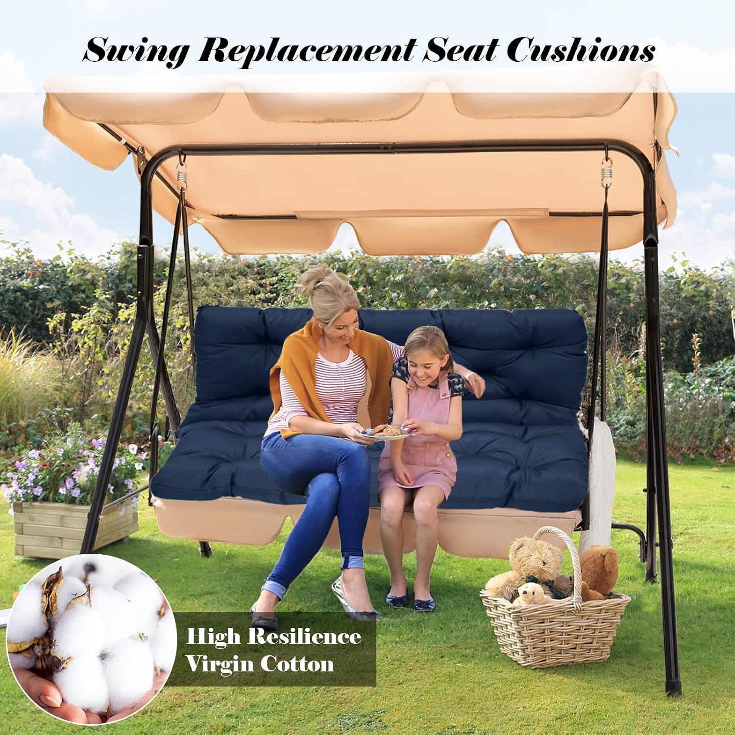 bumuam Outdoor Swing Cushion, Waterproof Porch Swing Cushion, Swing Cushions 2-3 Seater Replacement for Garden Patio Furniture Loveseat Outdoor Bench Cushions (Dark Blue 47x40in)