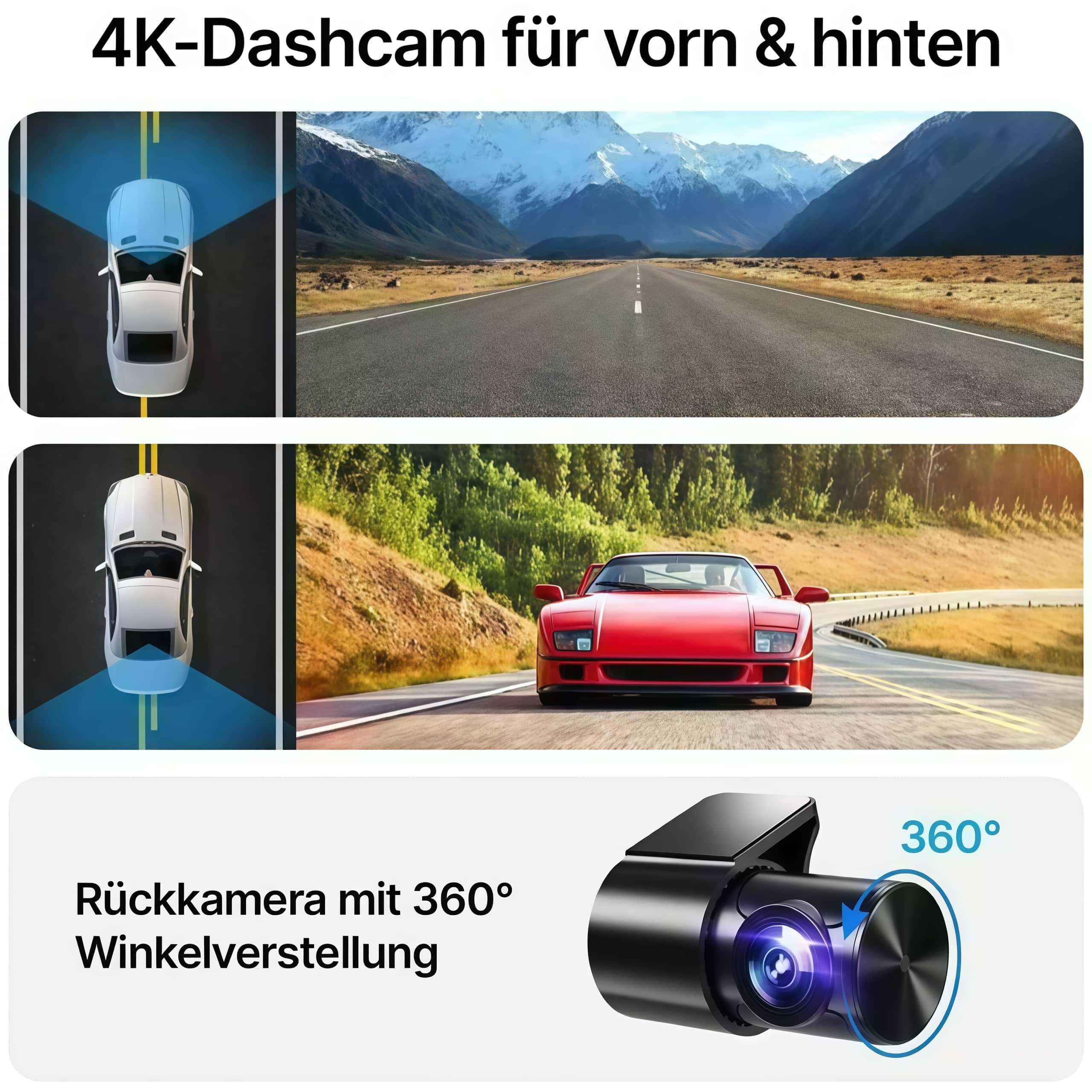 4K Dashcam mit 3,94" Bildschirm/Vorne & hinten/Autokamera mit 170° Weitwinkelansicht/Nachtsicht/Parküberwachung Vorne Und Hinten Mit Parküberwachung Für Unterwegs (Schwarz A,32G)