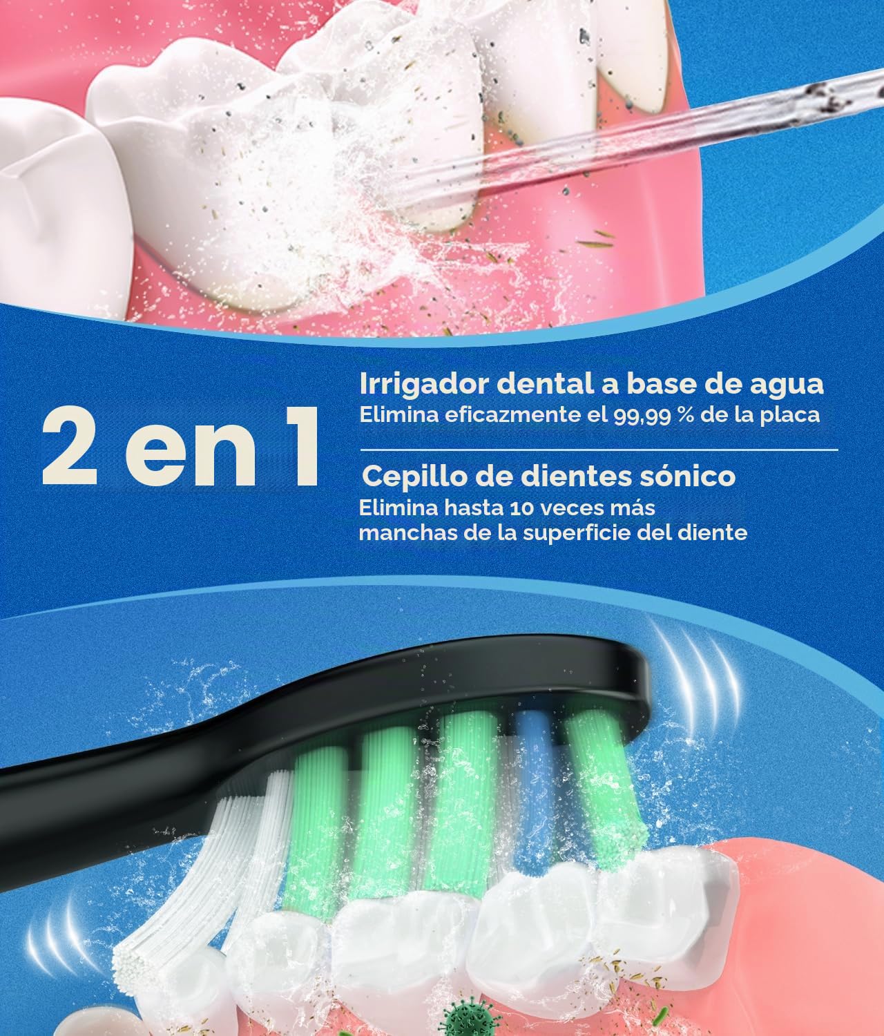 Cepillo de dientes eléctrico e hilo dental de agua, irrigador bucal de 600 ml con 7 puntas de chorro, 10 ajustes de presión ajustables, cepillo de dientes eléctrico sónico con 2 cabezales de cepillo