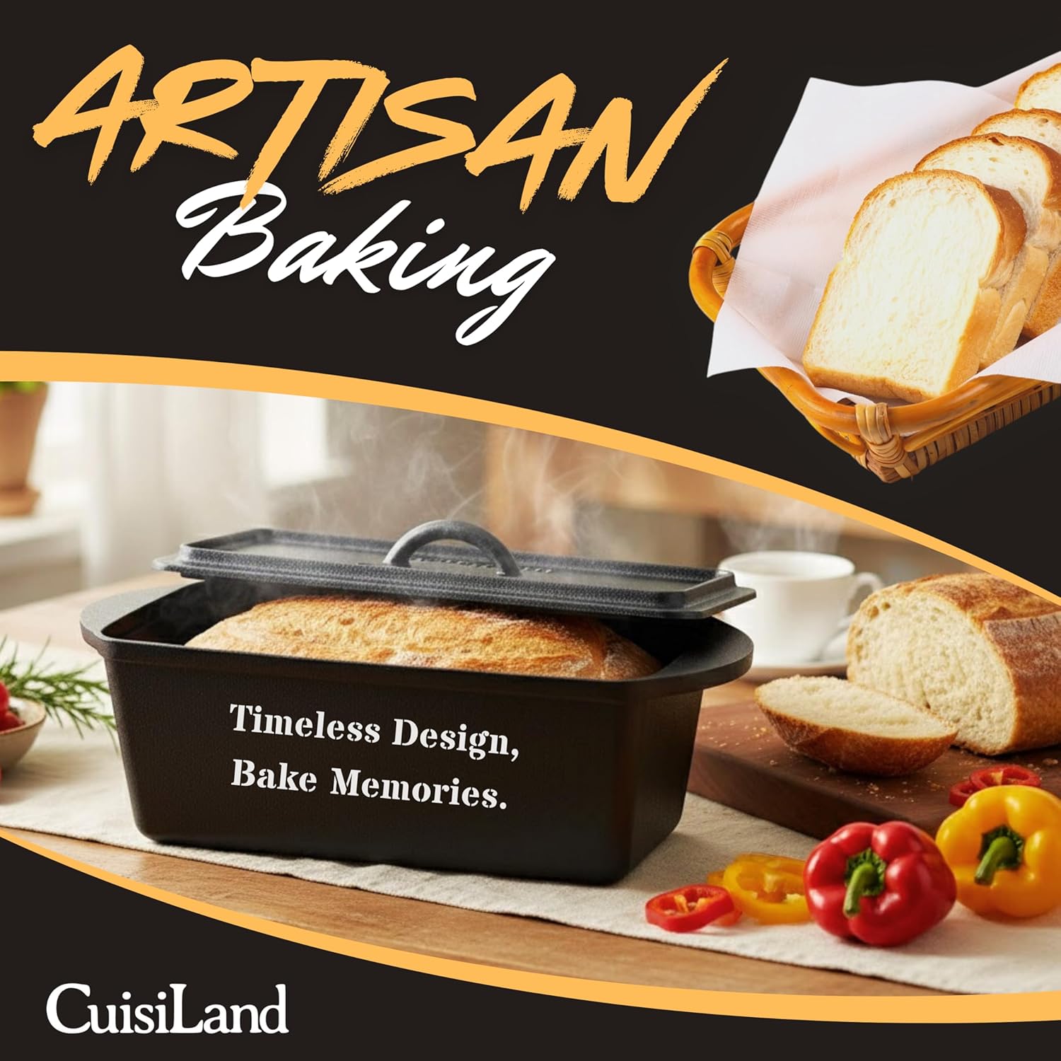 Cuisiland Rectangular Cast Iron Bread Loaf Pan, Heavy Duty 11x4.75x4,25" (14" L/Handles) with Lid (BLP137U)