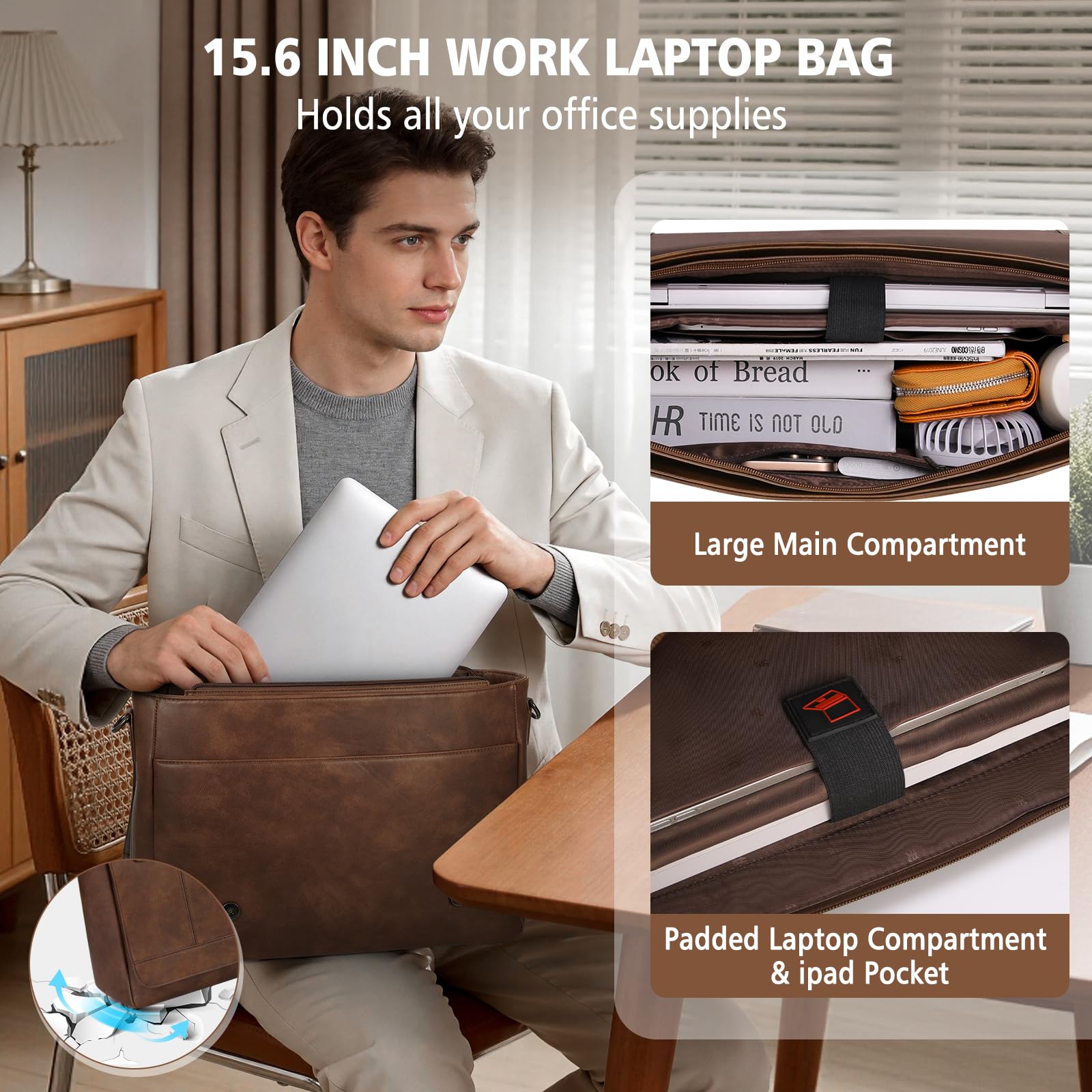 RAINSMORE Aktentasche Herren Leder Wasserdichte Umhängetasche Laptoptasche 15,6 Zoll Vintage Groß Arbeitstasche Messenger Bag Schultertasche für Arbeit Büro Uni Schule - 5