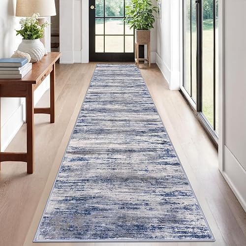 Miniatura 9 de KOZYFLY Alfombra moderna abstracta lavable de 2.6 x 10 pies, antideslizante, suave, alfombra de camino de cocina, alfombra a rayas azules óxido para