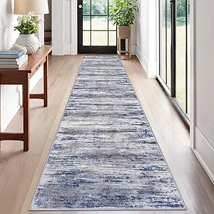 KOZYFLY Modern Abstract Kitchen Runner Rug, 2x12 Washable Rug Runner Non-Slip Soft Striped Hallway Runner Rugs, Grey Blue Print Distressed Carpet Runner for Entryway Bathroom Laundry Room Foyer