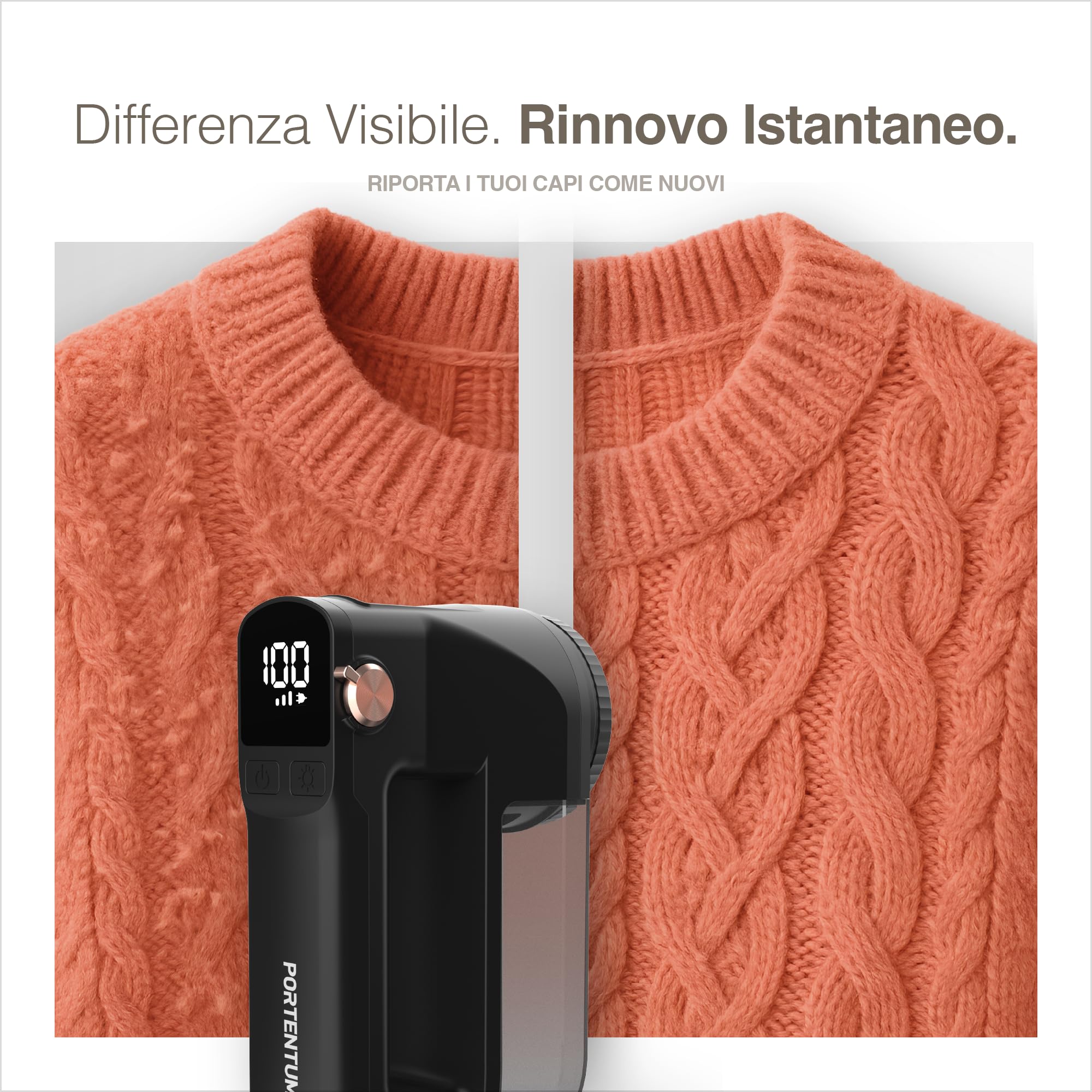 PORTENTUM Levapelucchi Elettrico con Luce LED – Display Digitale, 3 Velocità fino a 9.000 RPM, Lama a 6 Foglie, Grande Serbatoio, Togli Pelucchi per Abiti e Casa Ricaricabile USB C, Potenza Reale 15W