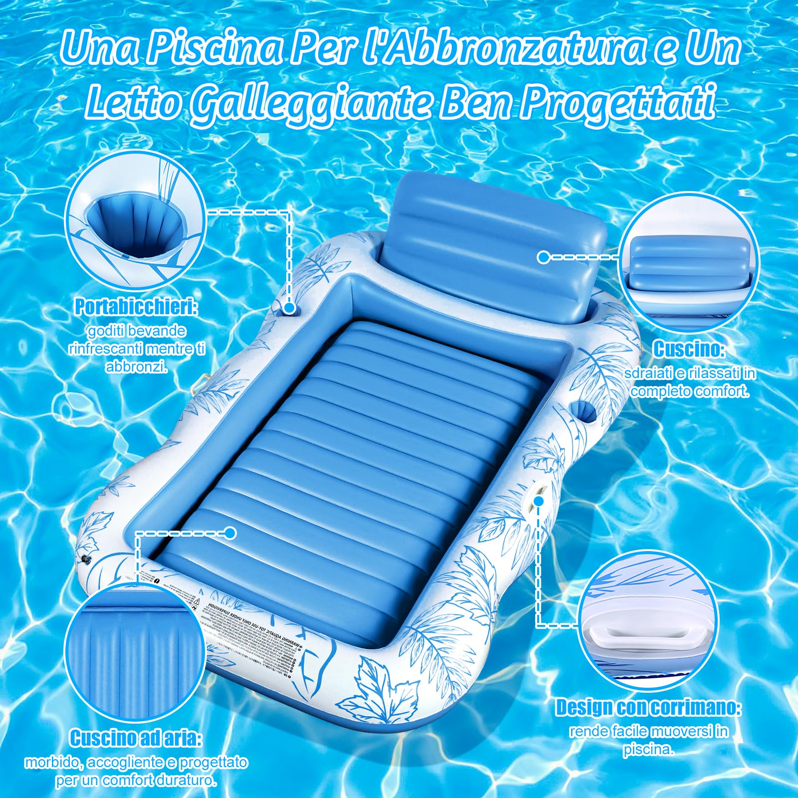 Charmofun Materassino Gonfiabile Abbronzante, Gonfiabile Galleggiante Materasso Piscina, Gonfiabile Tanning Pool, Lettino Gonfiabile Piscina con Portabicchieri e Portabibite per Adulti
