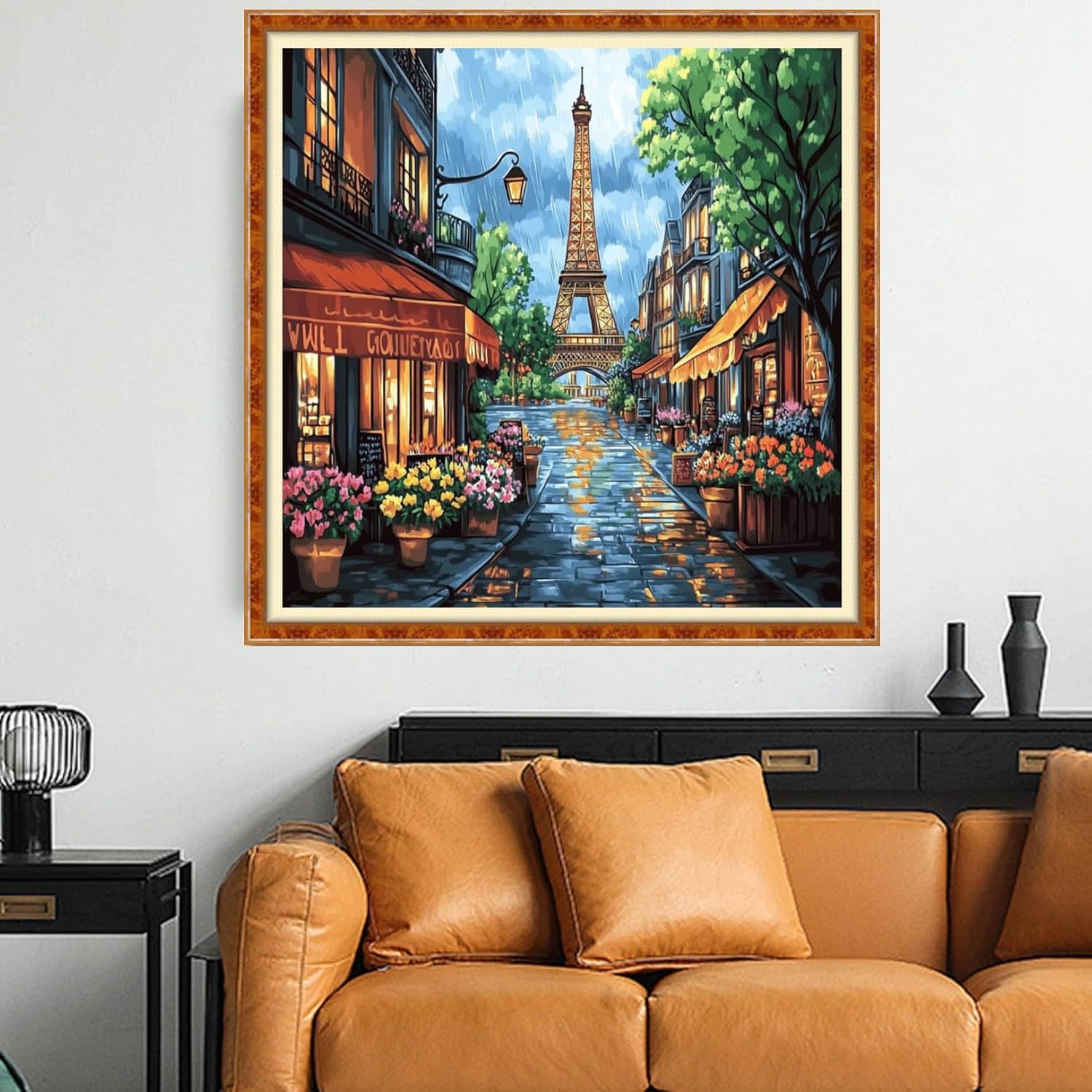 Funchey Counted Cross Stitch Kits for Adults Needlepoint Kits Unprinted Cross Stitching Embroidery Kit 11CT Cross Stitch Supplies-Eiffel Tower Flower Street 18x18 inch
