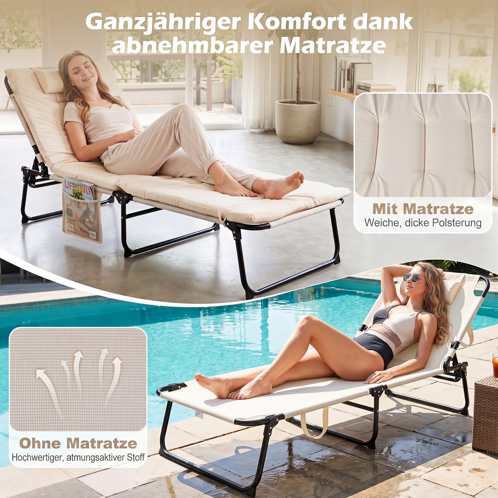 COSTWAY Sonnenliege klappbar, Liegestuhl mit Auflage, Seitentasche, Kopfstütze & Verstellbarer Rückenlehne, Gartenliege, Klappliege, Gästebett, Campingbett, Relaxliege für Garten, Terrasse (Beige)