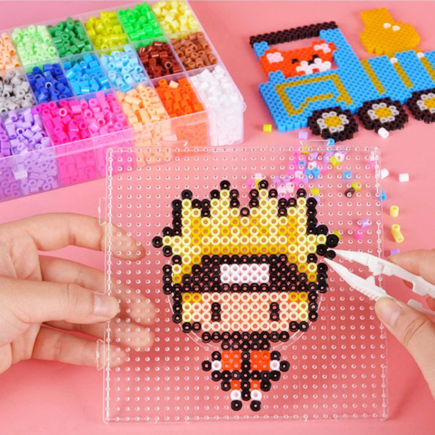 5 mm 52 PCS Fuse Beads Boards Set, 6 PCS Large Square Clear Plastic Pegboards with 6 PCS White Beads Tweezers, 10 PCS Ironing Paper and 2 Style Keychain for Kids Craft Supplies