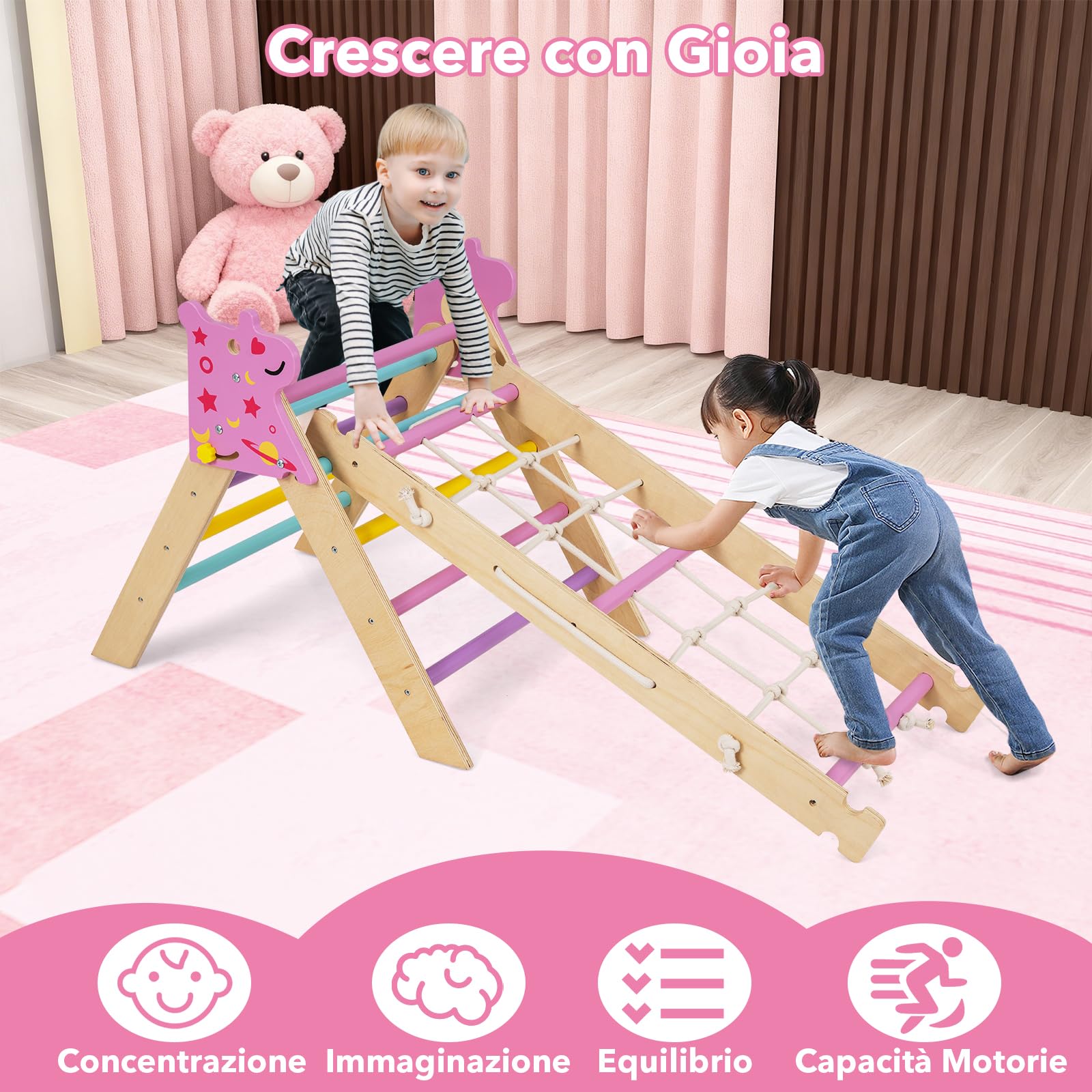 RELAX4LIFE Set da Arrampicata per Bambini, Triangolo di Arrampicata con Scivolo e Arco, Gioco di Incastri in Legno, Gioco Montessori per Bambini 1+ Anni (Unicorno-4 Pezzi | Macaron)