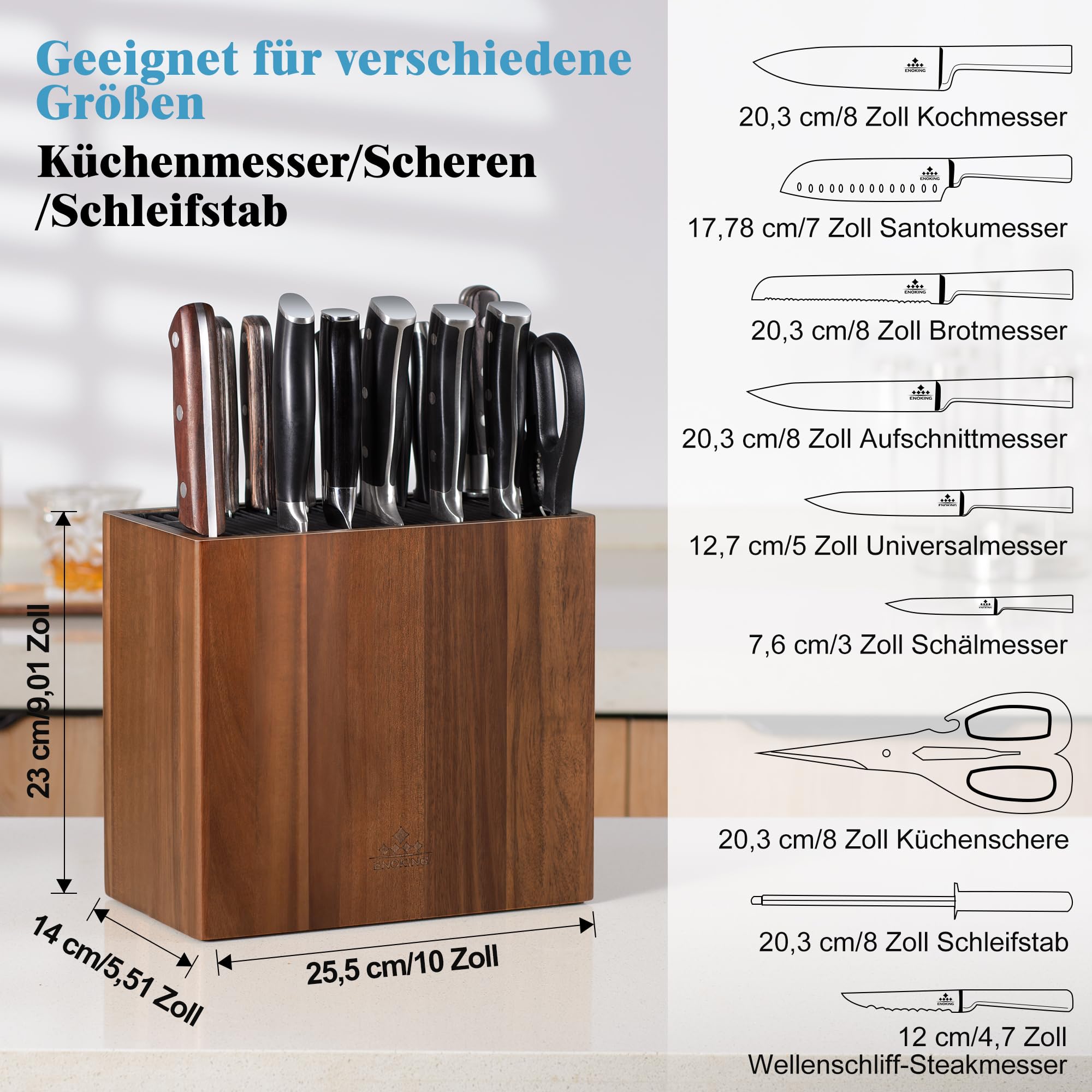 ENOKING Messerblock ohne Messer aus Akazienholz, Universal Messerblock mit Kunststoffdeckel, Hochwertiges Messerhalter für Messer und Geflügelschere/Wetzstahl