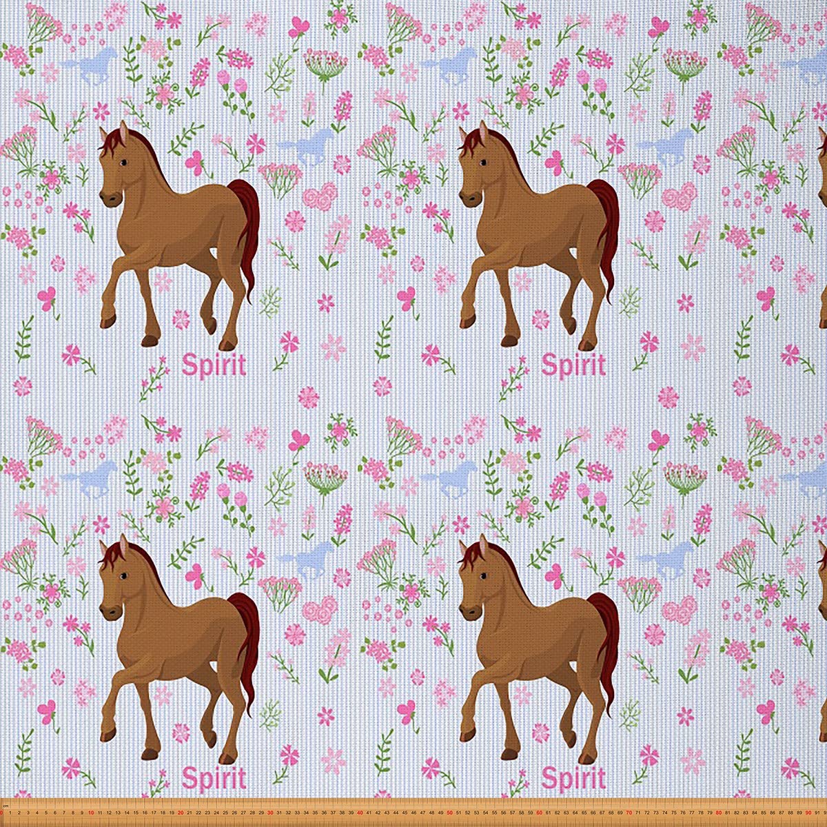 Horse Fabric by The Yard Girls Horses Floral Upholstery Fabric for Chairs Wild Animal Flowers Striped Decorative Fabric for Upholstery and Home DIY Projects 5 Yards,(L460*W150cm) Brown Pink
