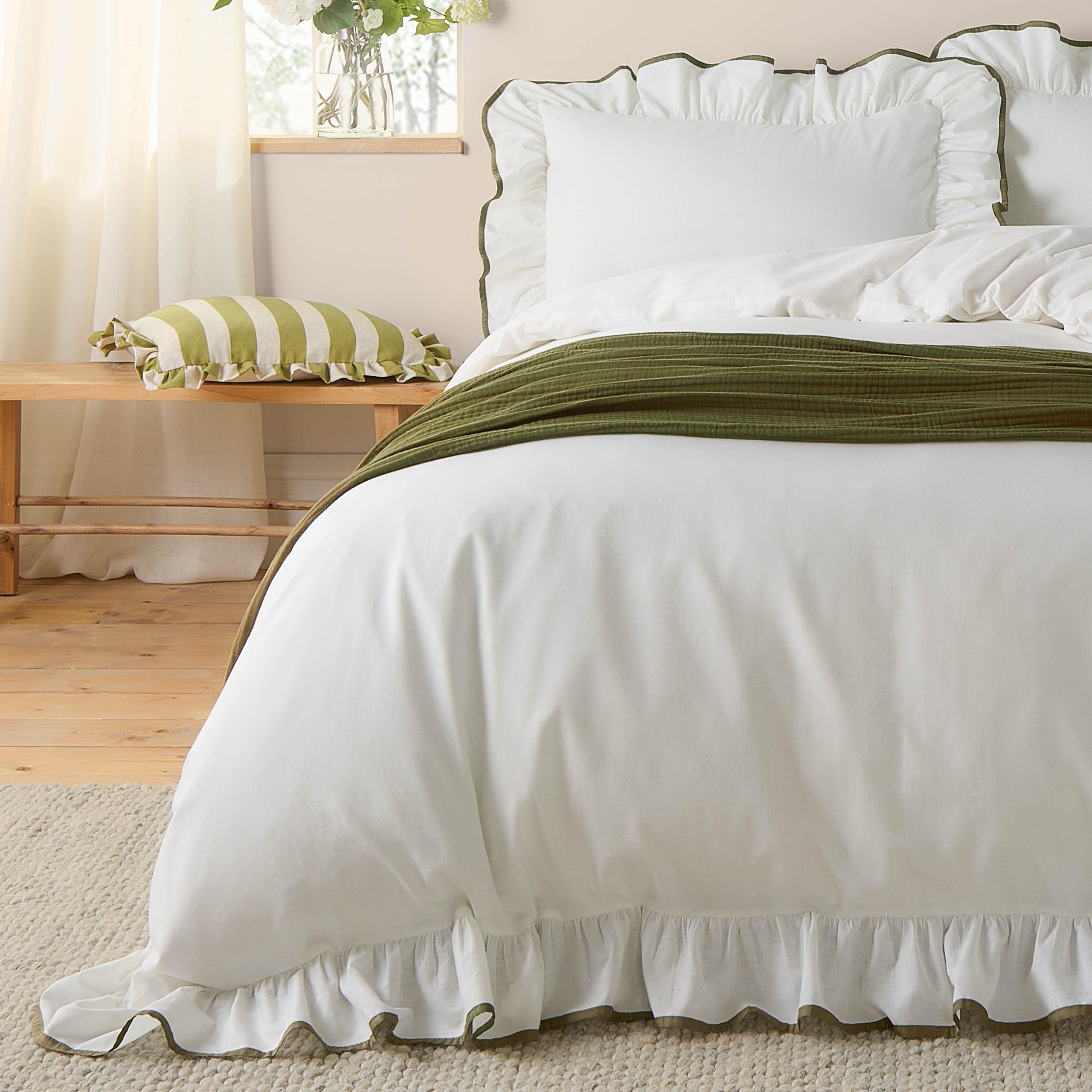 furn. Wylder Blousey Juego de Funda nórdica satén de algodón con Volante y Ribete (Verde Oliva - Matrimonio 220 x 230 cm)