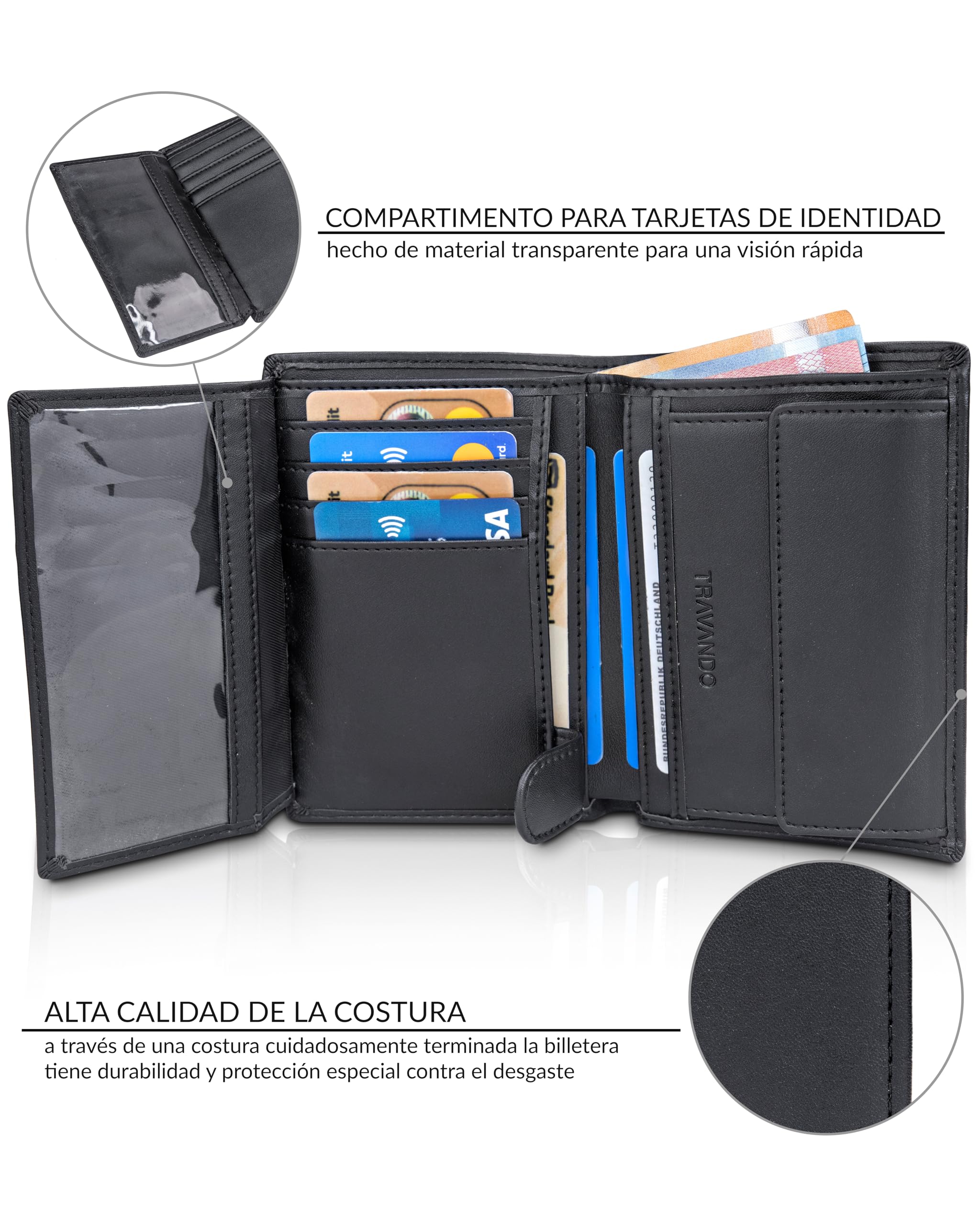 TRAVANDO Cartera Hombre Dublin con Bloqueador RFID Billetera Negra Tarjetero Monedero