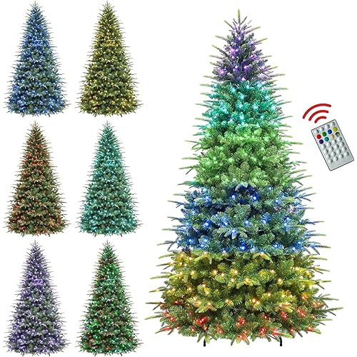 Hykolity 6 ft Prelit Artificial Christmas Tree with Remote Control, 1420 PE&PVC Branch Tips, Artificial Hinged Christmas Tree with 350 Multi-Color RGB Lights for Decoration, 15 Modes