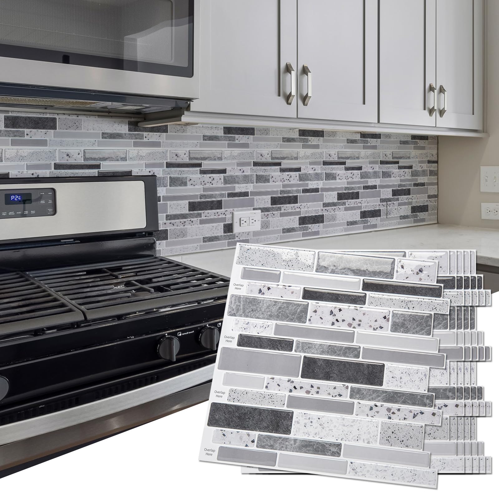 Art3d 10-Sheet Peel and Stick Vinyl Backsplash Wall Tile, 12 x 12 Inch Self Adhesive Stick on Kitchen Backsplash, Gray