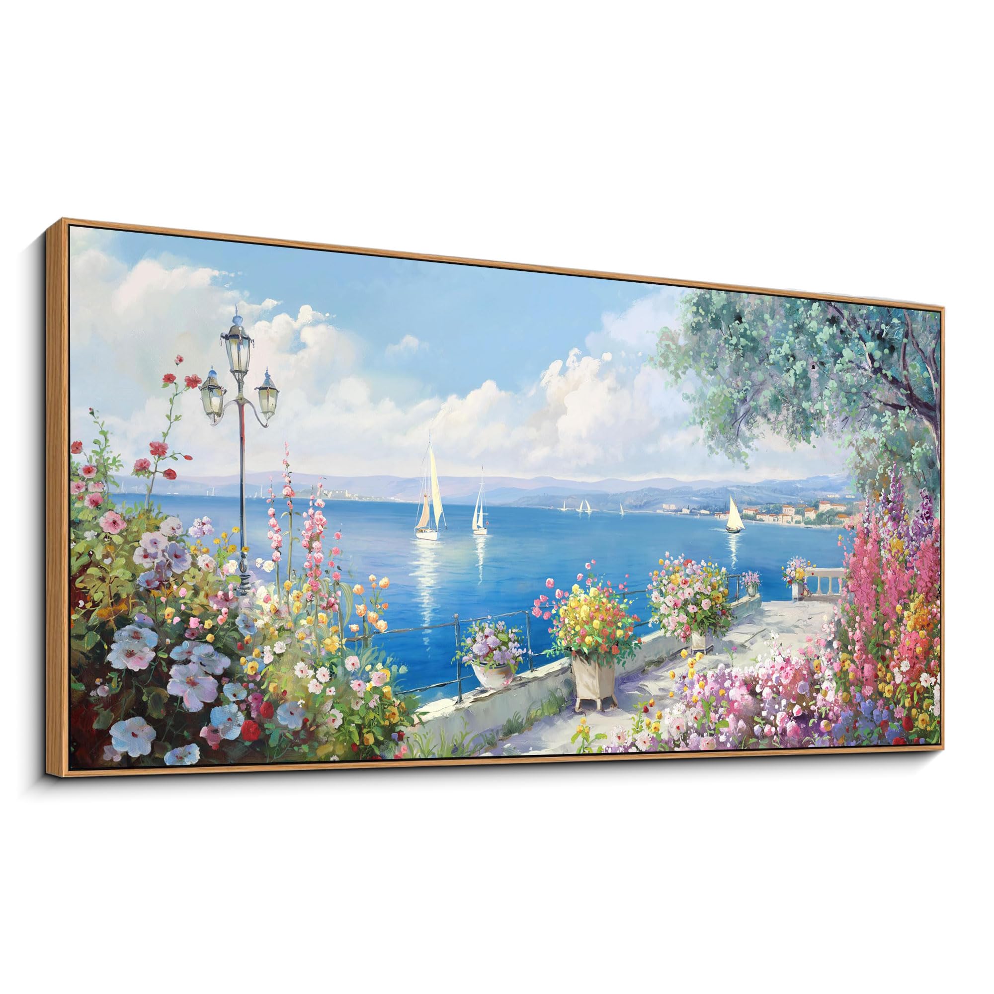 xlsjerst blue coastal wall art - ocean seascape canvas yellow green flowers painting landscape sailboat picture artwork modern large framed for living room bedroom home office decor 20\"x40\"