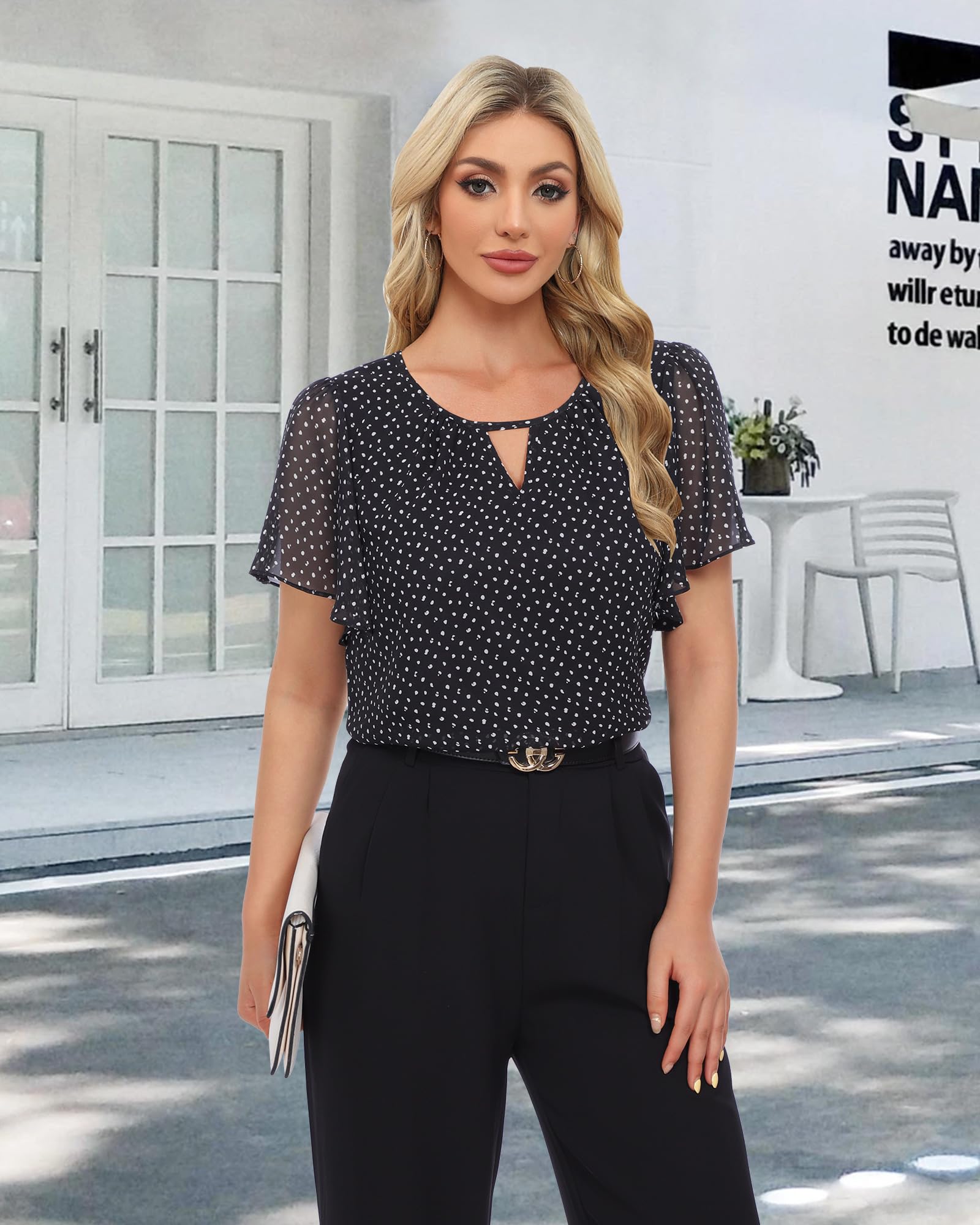 Gaharu Camicia da donna elegante a maniche corte, estiva, business, casual, scollo rotondo, maniche a volant, in chiffon, con fiori