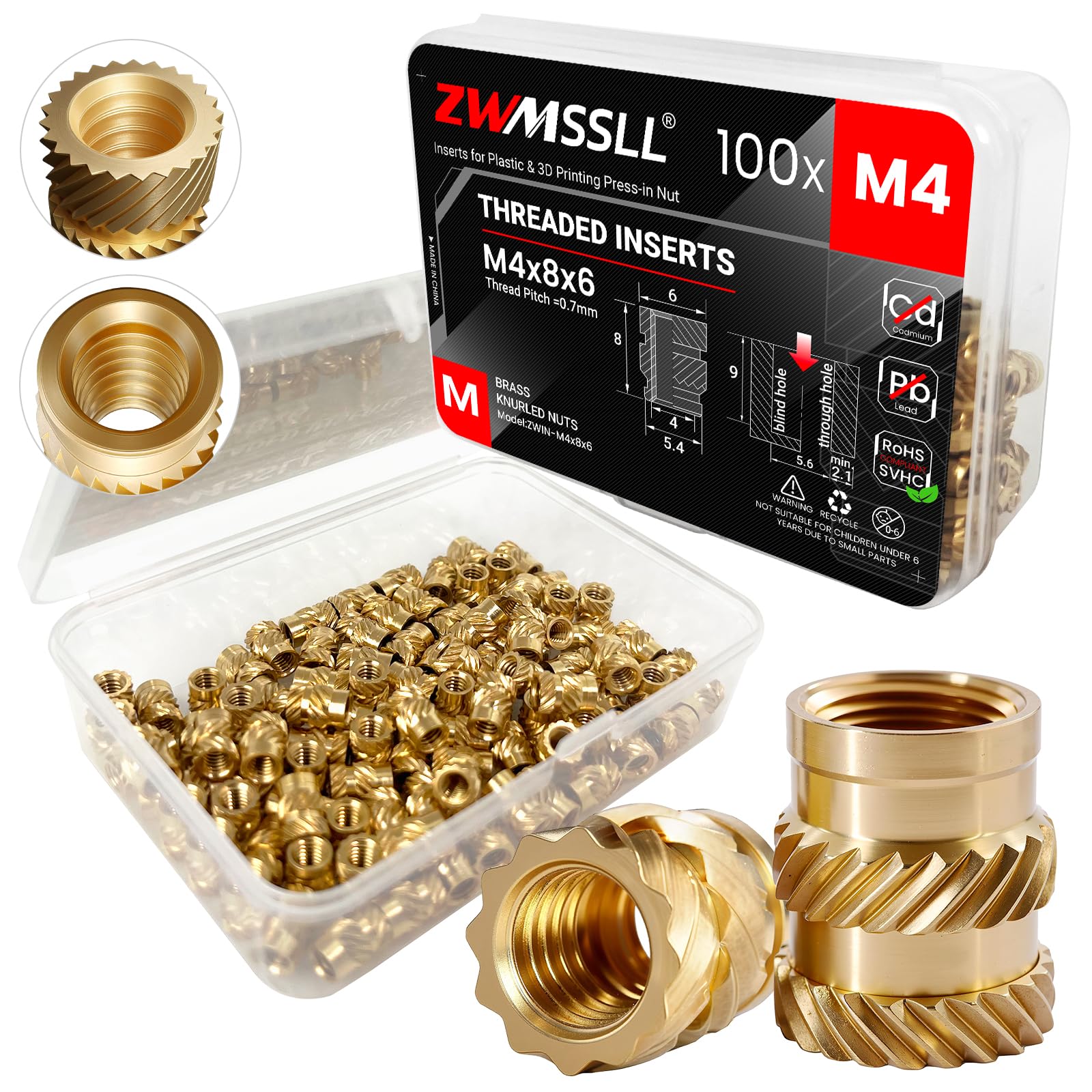 ZWMSSLL M4 Threaded Inserts-100 Pieces M4x8x6 Heat-Set Insert Brass Knurled Nuts for 3D Printing Components and Plastic Parts