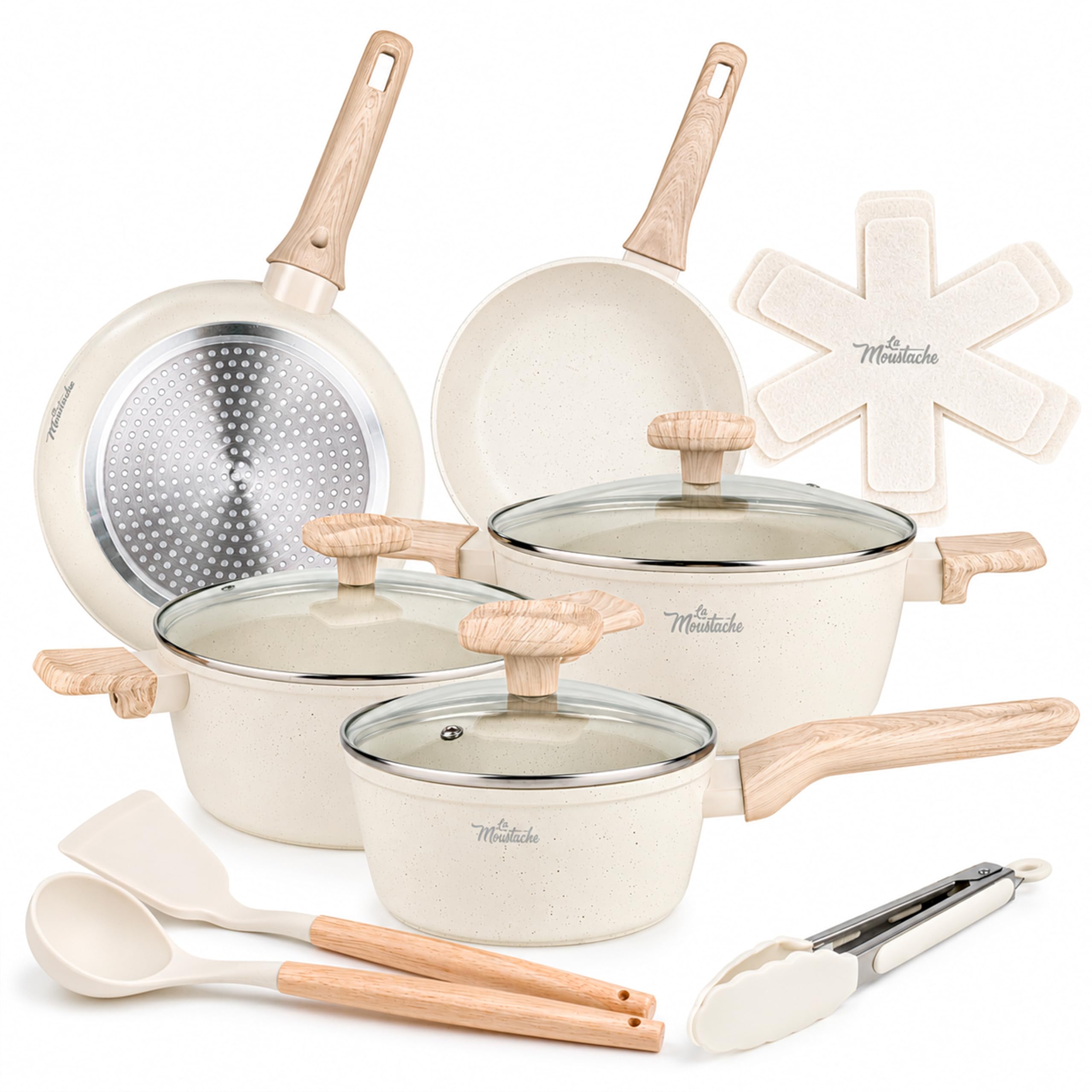 La Moustache - Set di Pentole e Padelle Antiaderenti 14 Pezzi (Latte) | 2 Padelle, 3 Pentole, 3 Coperchi con Sfiato, 3 Utensili e 3 Salvapadelle, Induzione, Gas, Lavaggio a Mano, senza PFOA e PFAS
