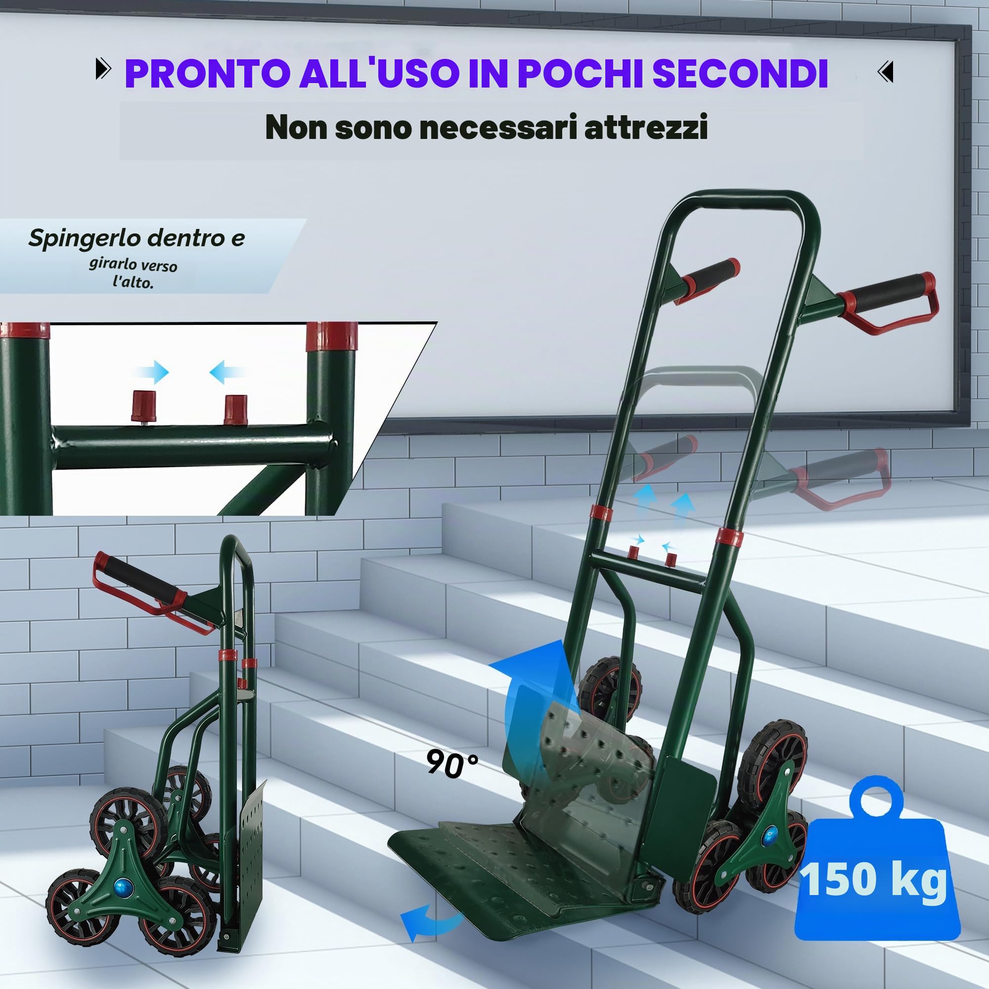 KATSU Tools Carrello pieghevole per salire le scale, resistente, carico 150 kg, 6 ruote, altezza regolabile, manico telescopico, carrello di consegna per pacchi