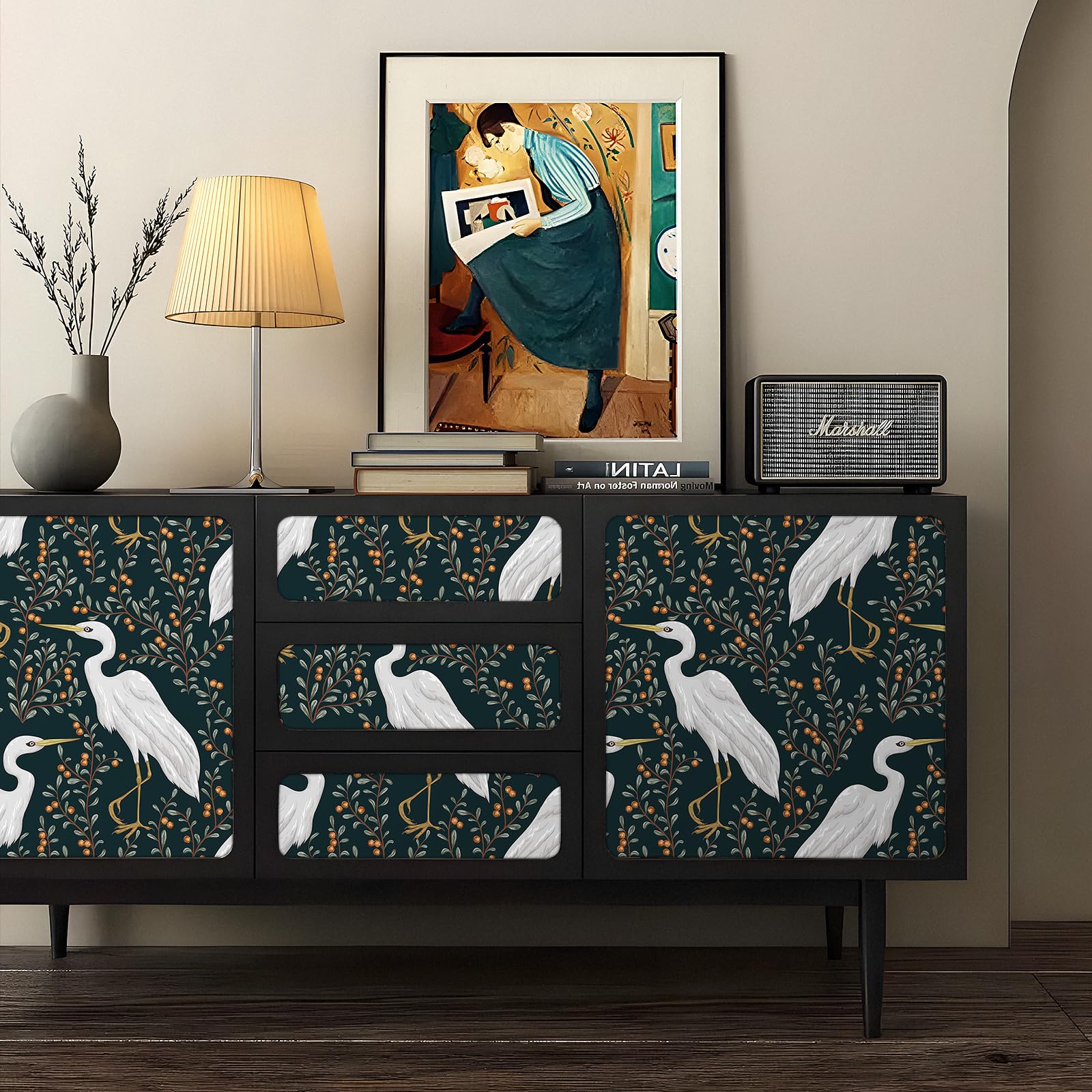 FunStick 44.5CMx9M Dark Green Leaf Wallpaper Peel and Stick Bathroom Wallpaper Stick on Walls Removable Water Bird and Leaf Pattern Vinyl Wrap for Furniture Tree Fruit Dark Green Sticky Back Plastic - Image 4