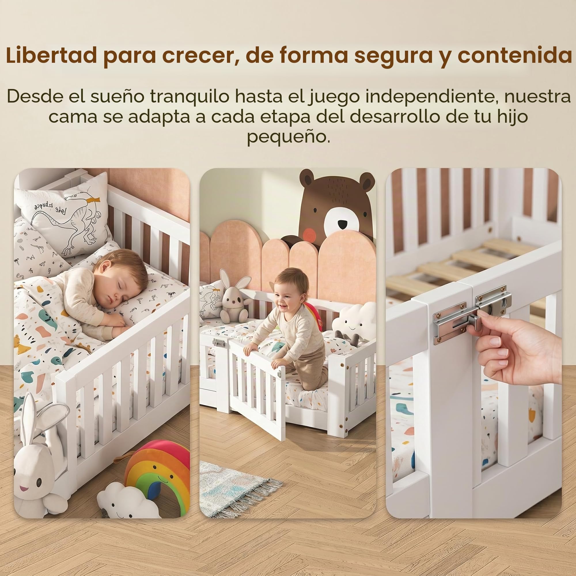 BRILVERDE Cama Infantil Montessori 120x200 cm con Rejilla y Puerta, Marco de Madera Maciza con Somier, Juvenil Individual para Niñas y Niños (Blanco, 120 x 200 cm)