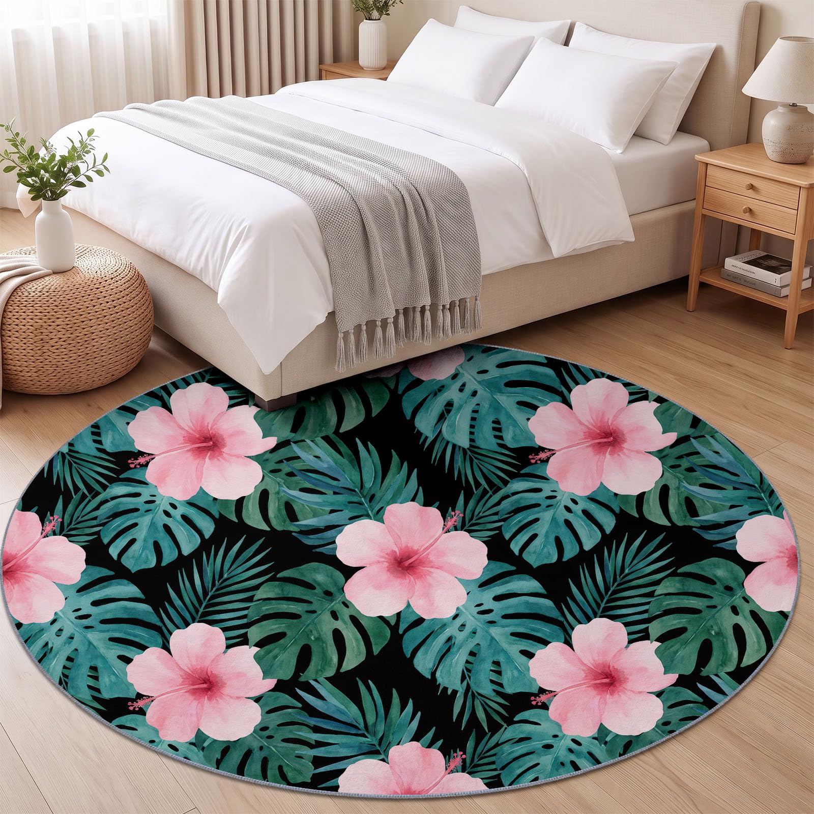 Générique Tapis Rond Vert Foncé 120 cm Antidérapant, Hibiscus Floral Tropical Feuille Tapis de Salon Rond à Poils Courts Lavable en Machine, pour Chambre Cuisine et Chambre d'enfant