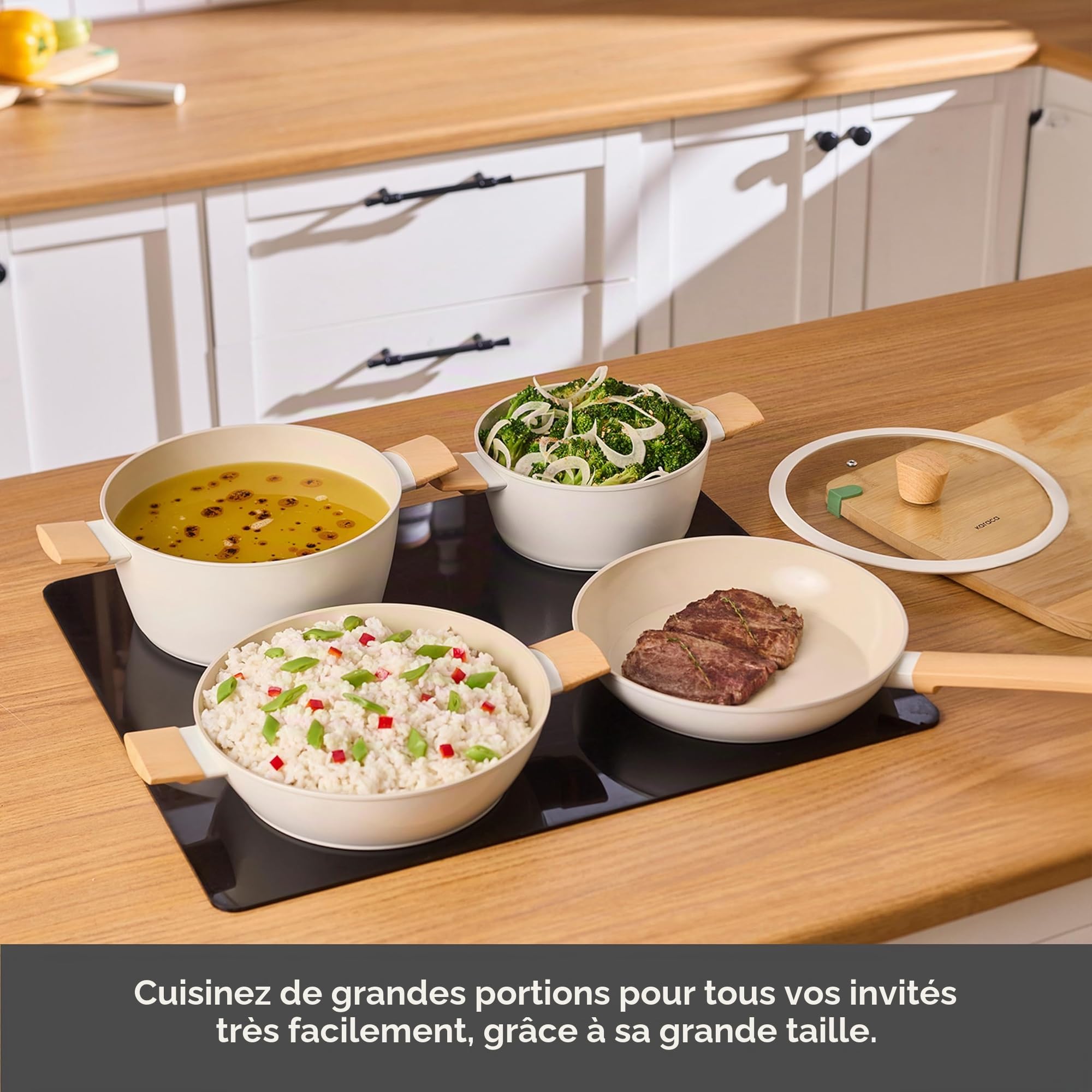 Karaca Swiss Crystal Set de Casserole avec couvercle en verre, 7 Pièces Antiadhésives, Résistantes au Feu, Sans PFAS, Cuisson Sans Huile, Batterie de Cuisine Saine et Efficace (Crème d'Amande)