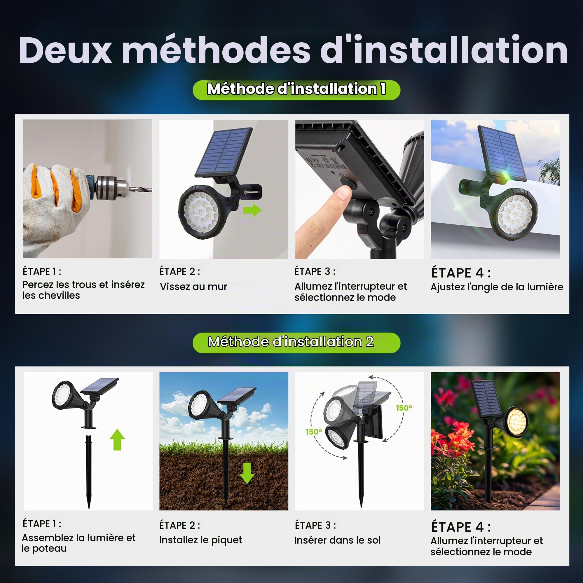 Solpex Lot de 4 Spots Solaires d'extérieur, projecteurs solaires,IP65 étanches à 25 LED lampes solaires pour chemins, extérieur Jardins, Clôtures (Blancs Chaud)