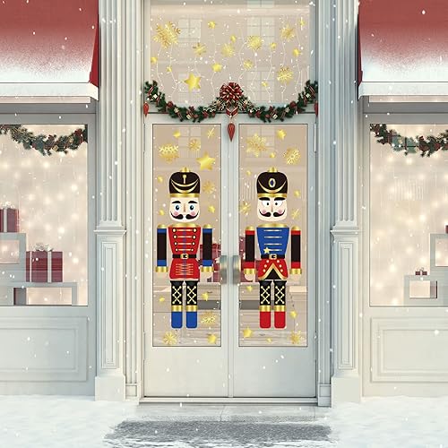 Miniatura 3 de Whaline 8 hojas de calcomanías de Navidad para puerta, decoración de cascanueces grandes, copos de nieve dorados, calcomanías de puerta para