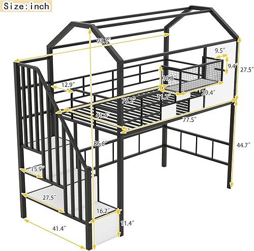 Miniatura 29 de Harper & Bright Designs Litera de metal individual sobre individual con tobogán, litera de casa con tobogán y techo, marco de litera baja para Negro