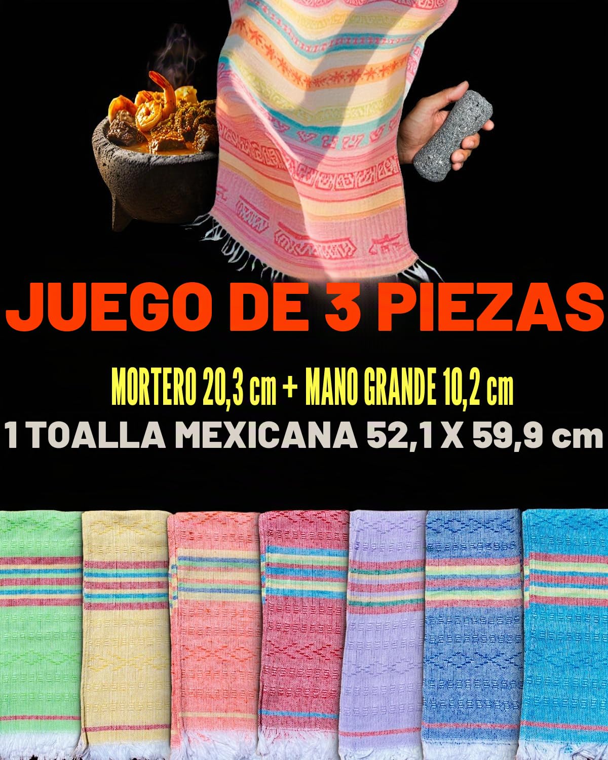 Auténtico Molcajete Mexicano hecho de roca volcánica | Juego de 3 piezas (1 mortero + 1 mortero + 1 toalla mexicana) resistente al calor, juego de mortero y pilón mexicano, cuenco y triturador de