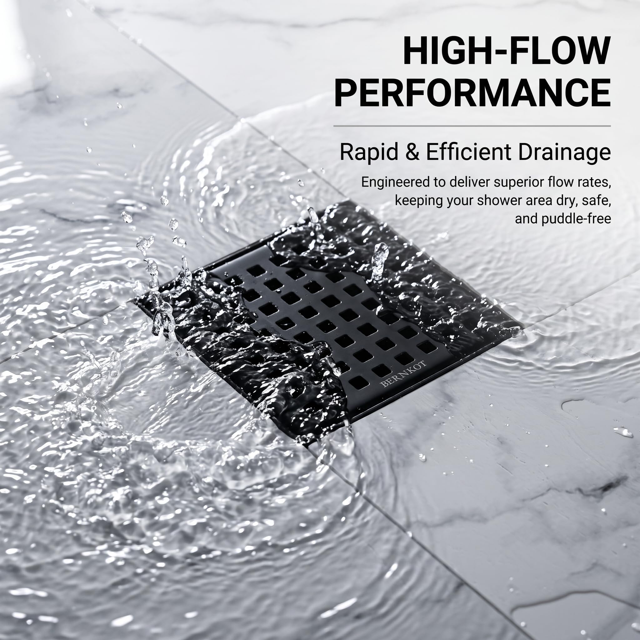 Caniveau de douche carré en acier inoxydable, 10 x 10 cm, avec siphon à 360° et filtre à cheveux, 2 adaptateurs de vidange DN50 DN40, caniveau d'écoulement plat, noir
