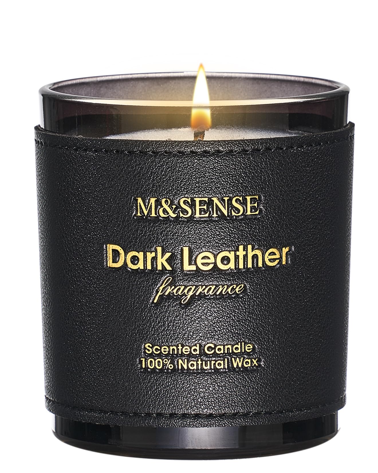 M&SENSE Velas Aromáticas Dark Leather 283g, Aroma Cuero Intenso, Regalo Hombre Original de Lujo, Cera de Soja 50h, Decoración Industrial y Retro