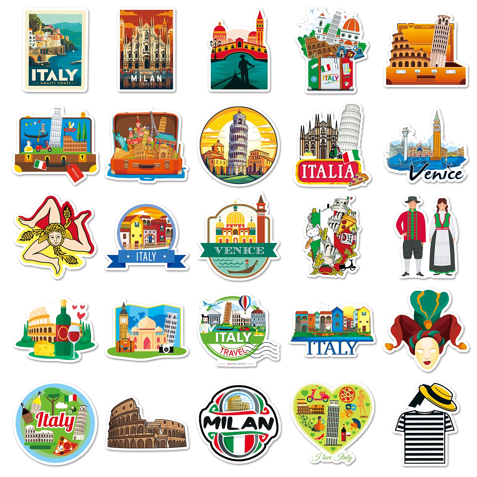 Italy Travel Stickers 50 pcs, Venice Milan Leaning Tower of Pisa Landmark Stickers - Image 3